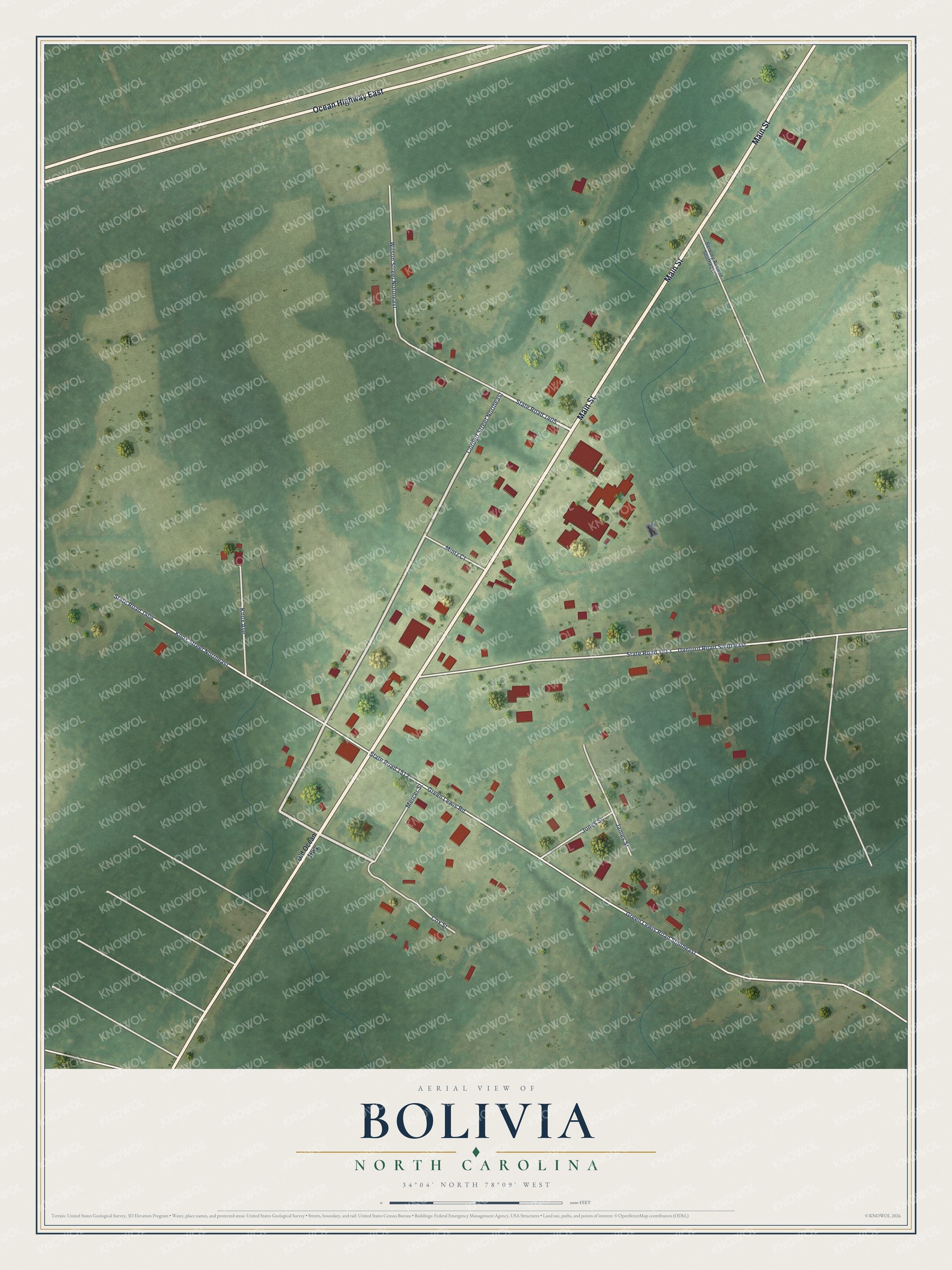 Full map of Bolivia, North Carolina, with red buildings, printed street names and the land around them