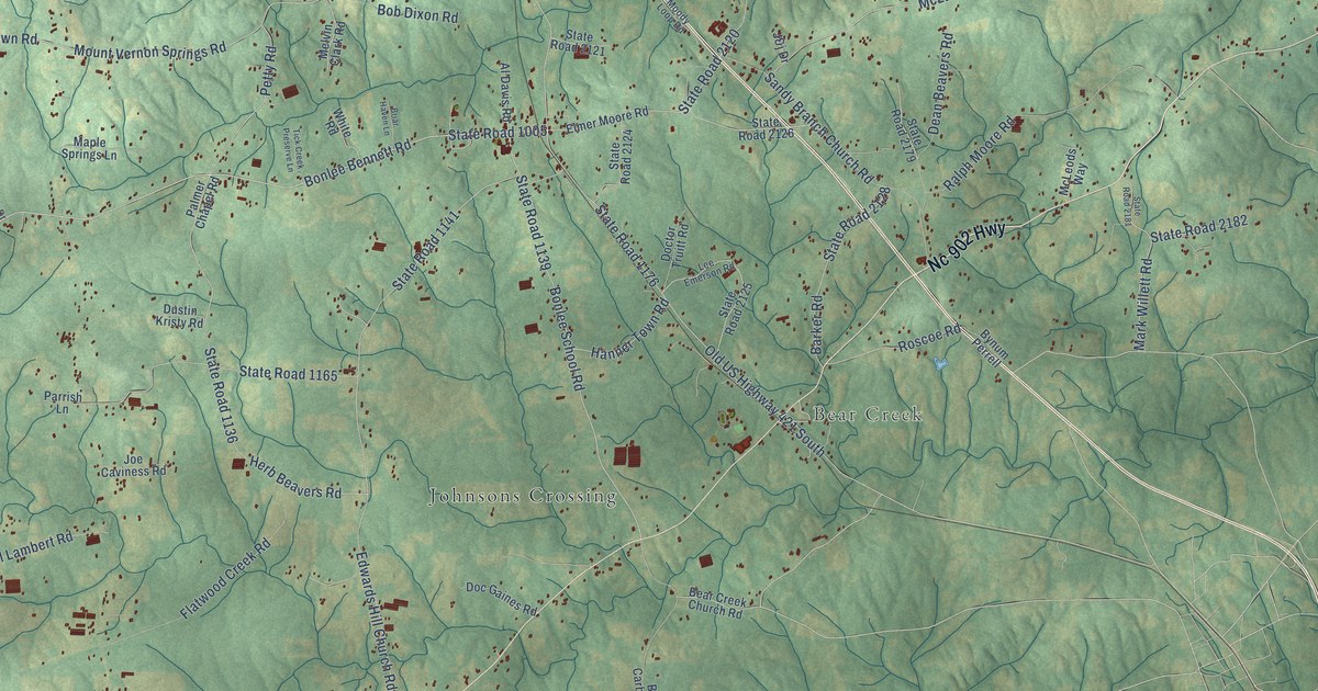 Close-up of streets and buildings in Bonlee, North Carolina