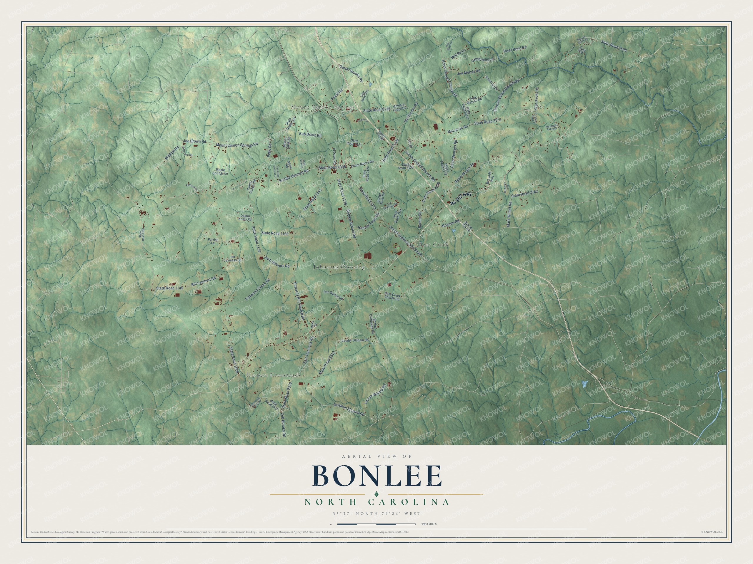 Full map of Bonlee, North Carolina, with red buildings, printed street names and the land around them