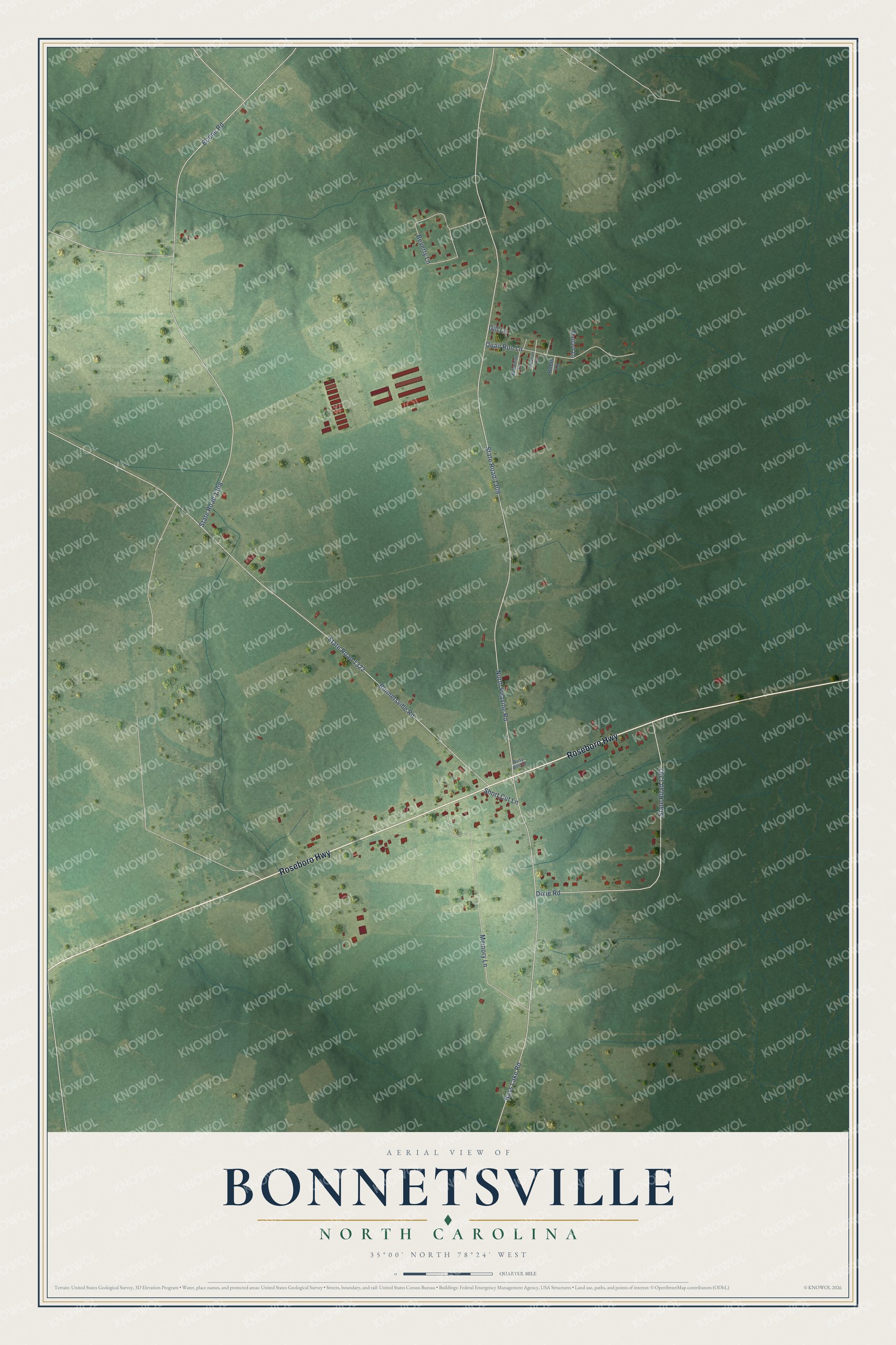 Full map of Bonnetsville, North Carolina, with red buildings, printed street names and the land around them