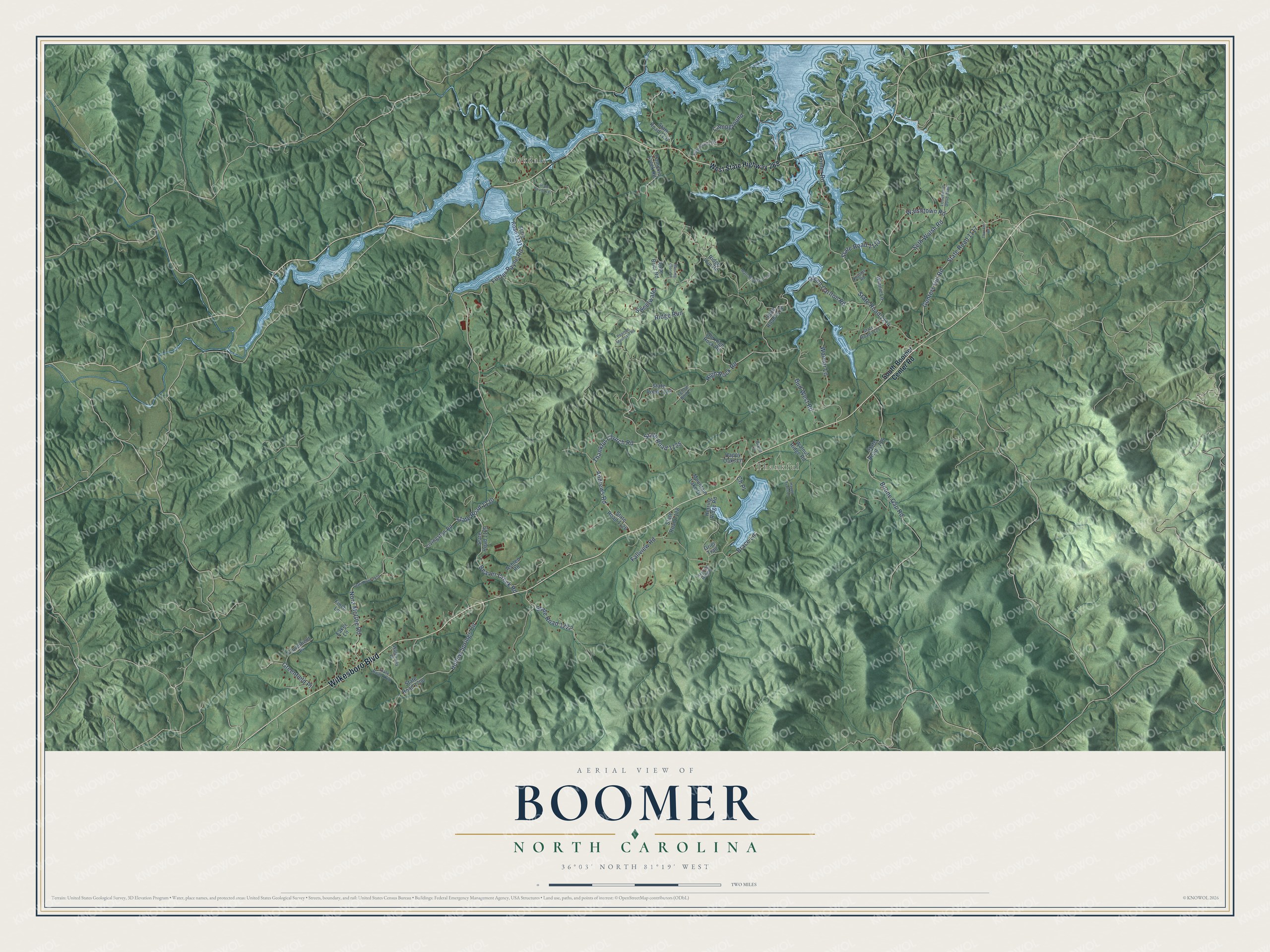 Full map of Boomer, North Carolina, with red buildings, printed street names and the land around them