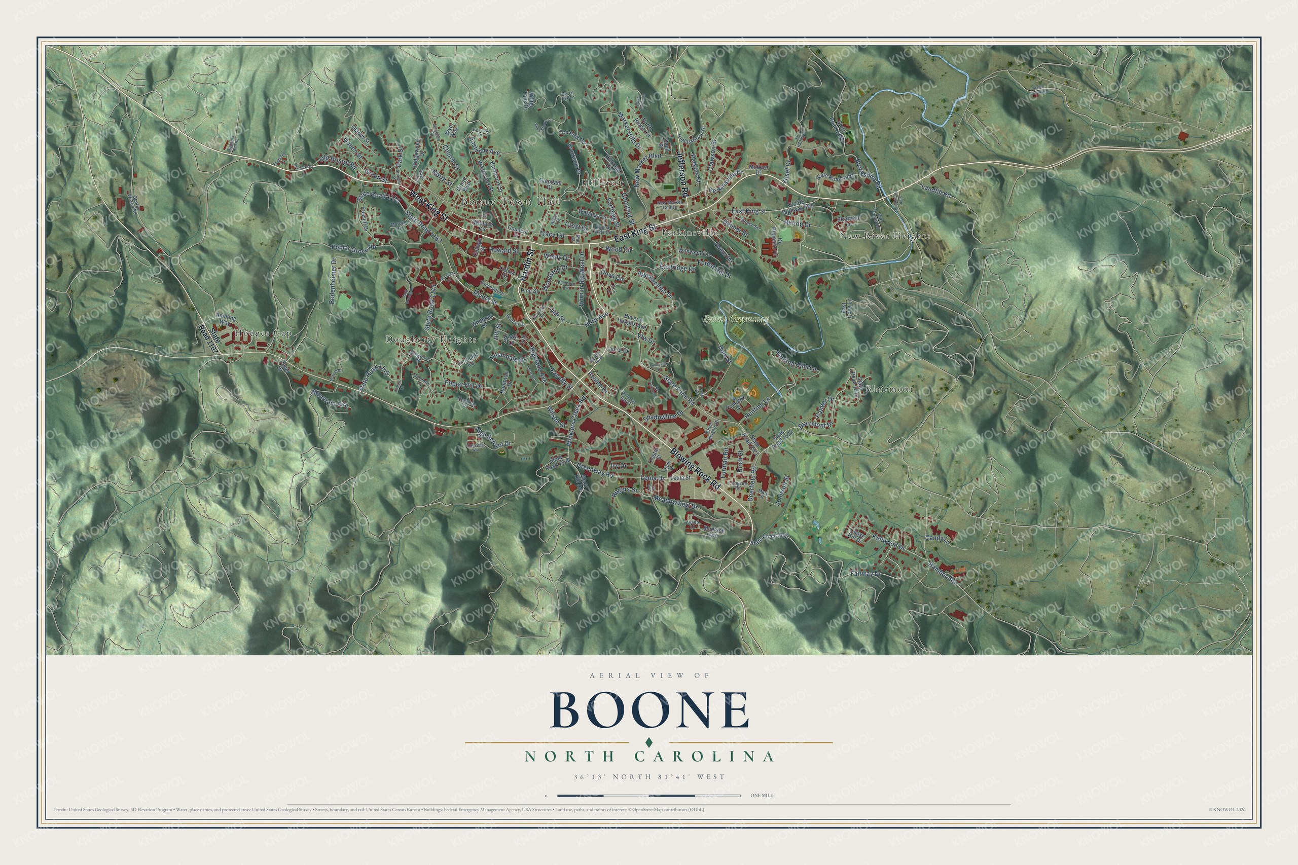 Full map of Boone, North Carolina, with red buildings, printed street names and the land around them