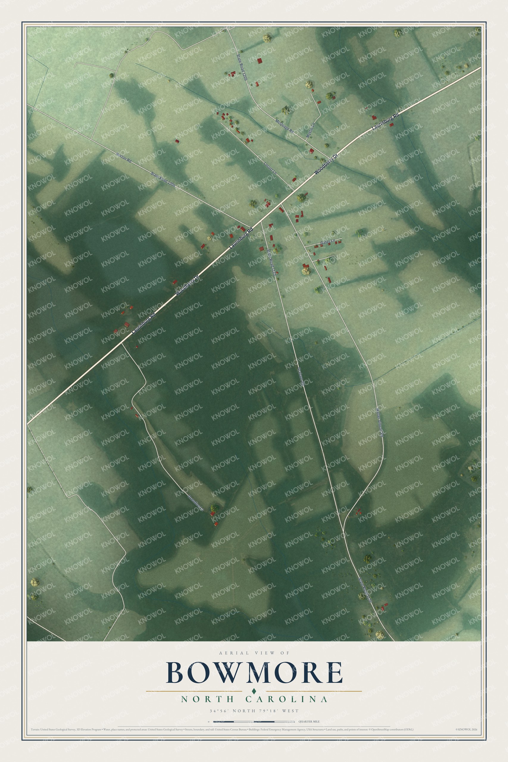 Full map of Bowmore, North Carolina, with red buildings, printed street names and the land around them