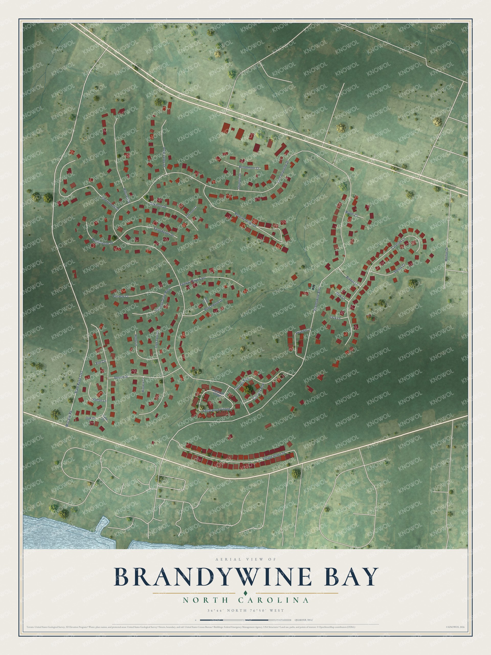 Full map of Brandywine Bay, North Carolina, with red buildings, printed street names and the land around them