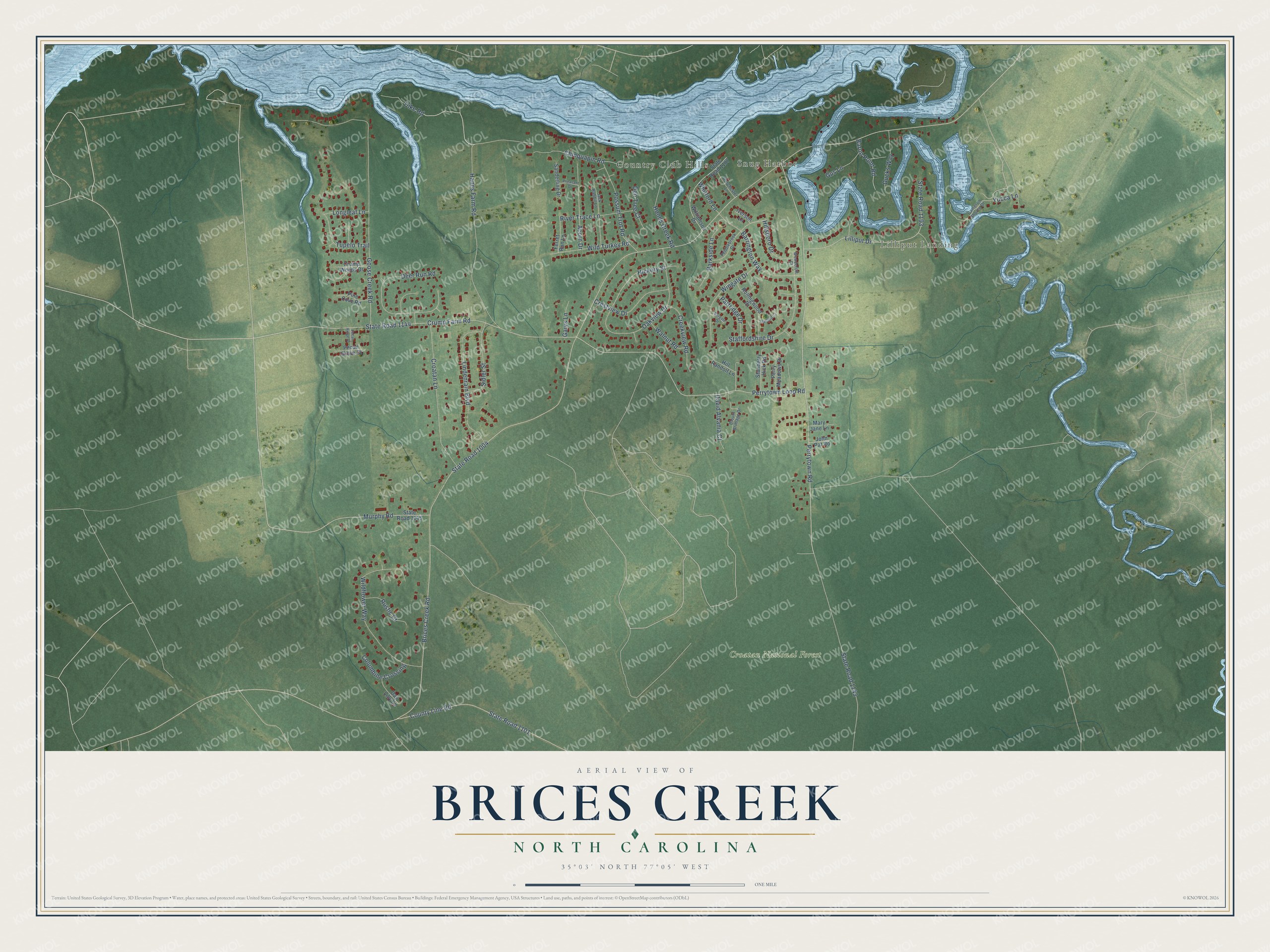 Full map of Brices Creek, North Carolina, with red buildings, printed street names and the land around them
