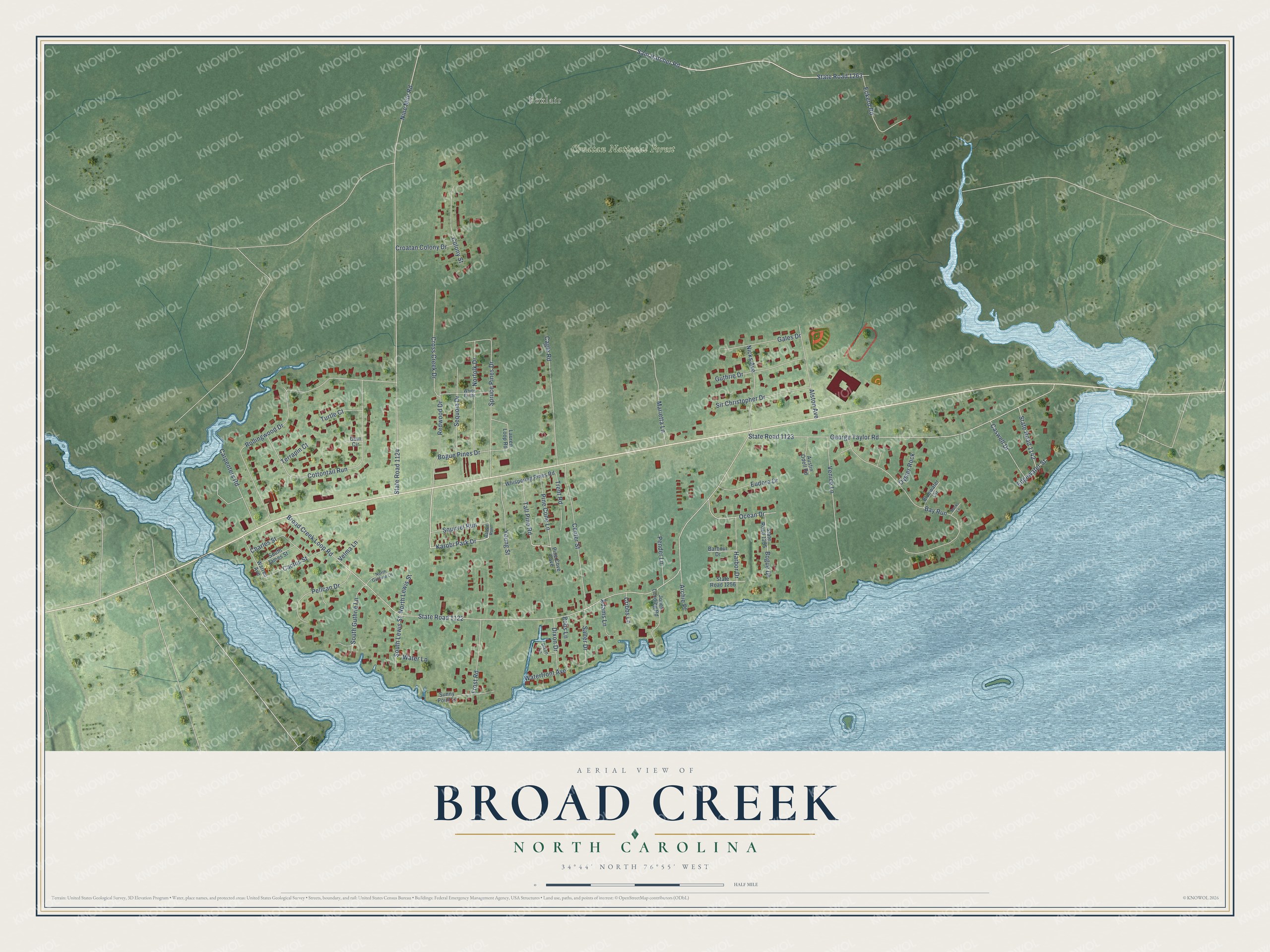 Full map of Broad Creek, North Carolina, with red buildings, printed street names and the land around them