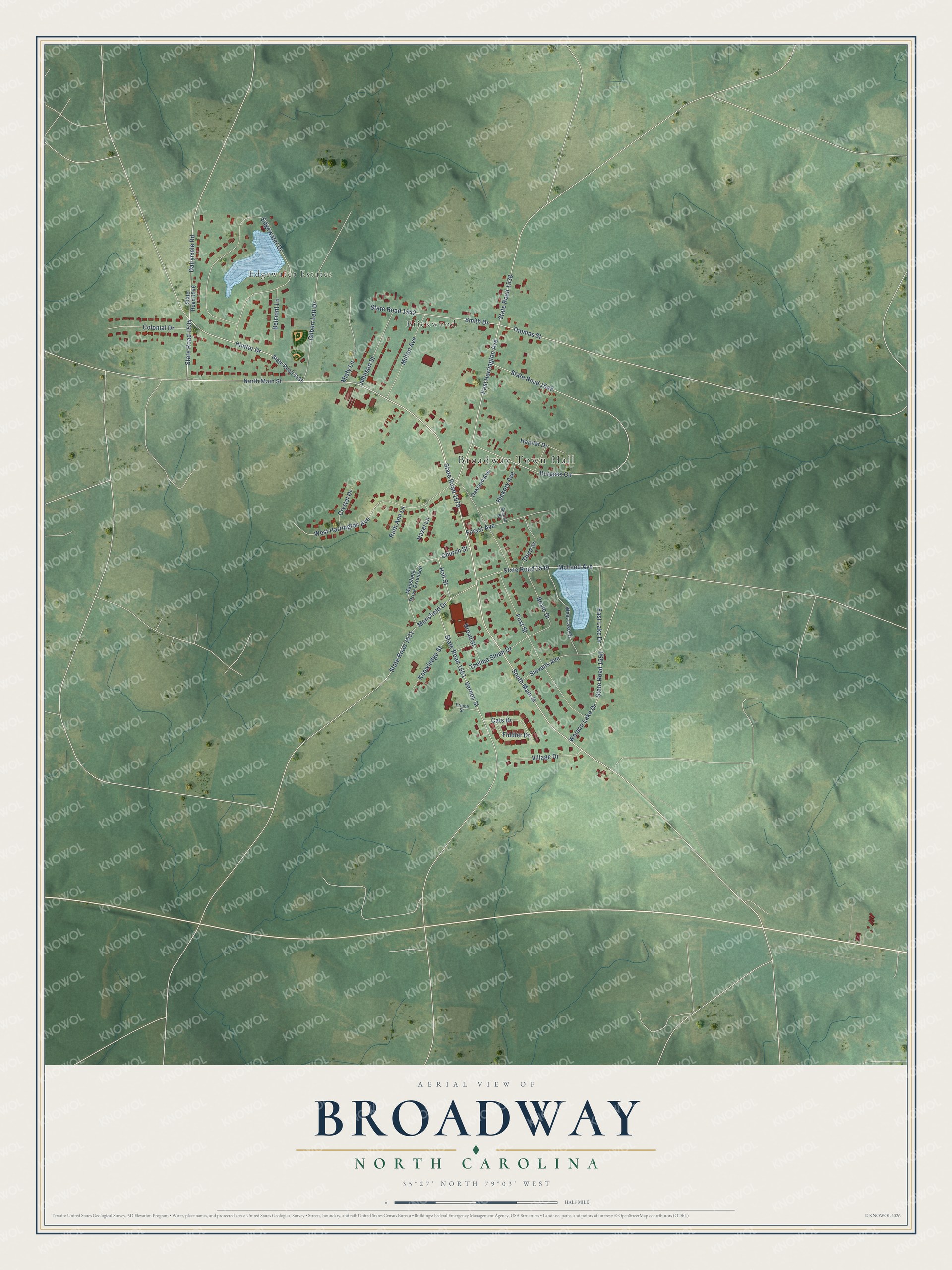 Full map of Broadway, North Carolina, with red buildings, printed street names and the land around them