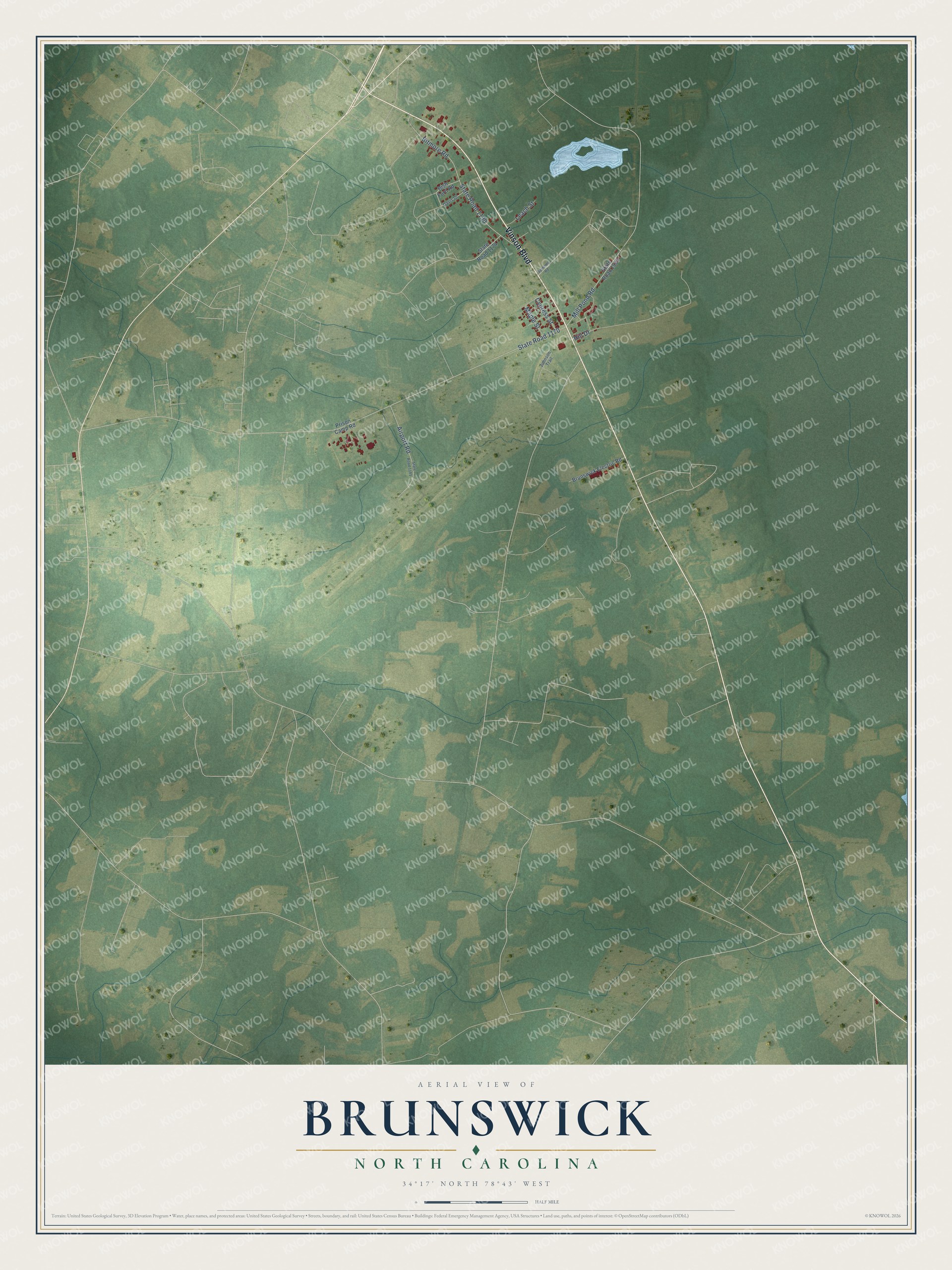 Full map of Brunswick, North Carolina, with red buildings, printed street names and the land around them