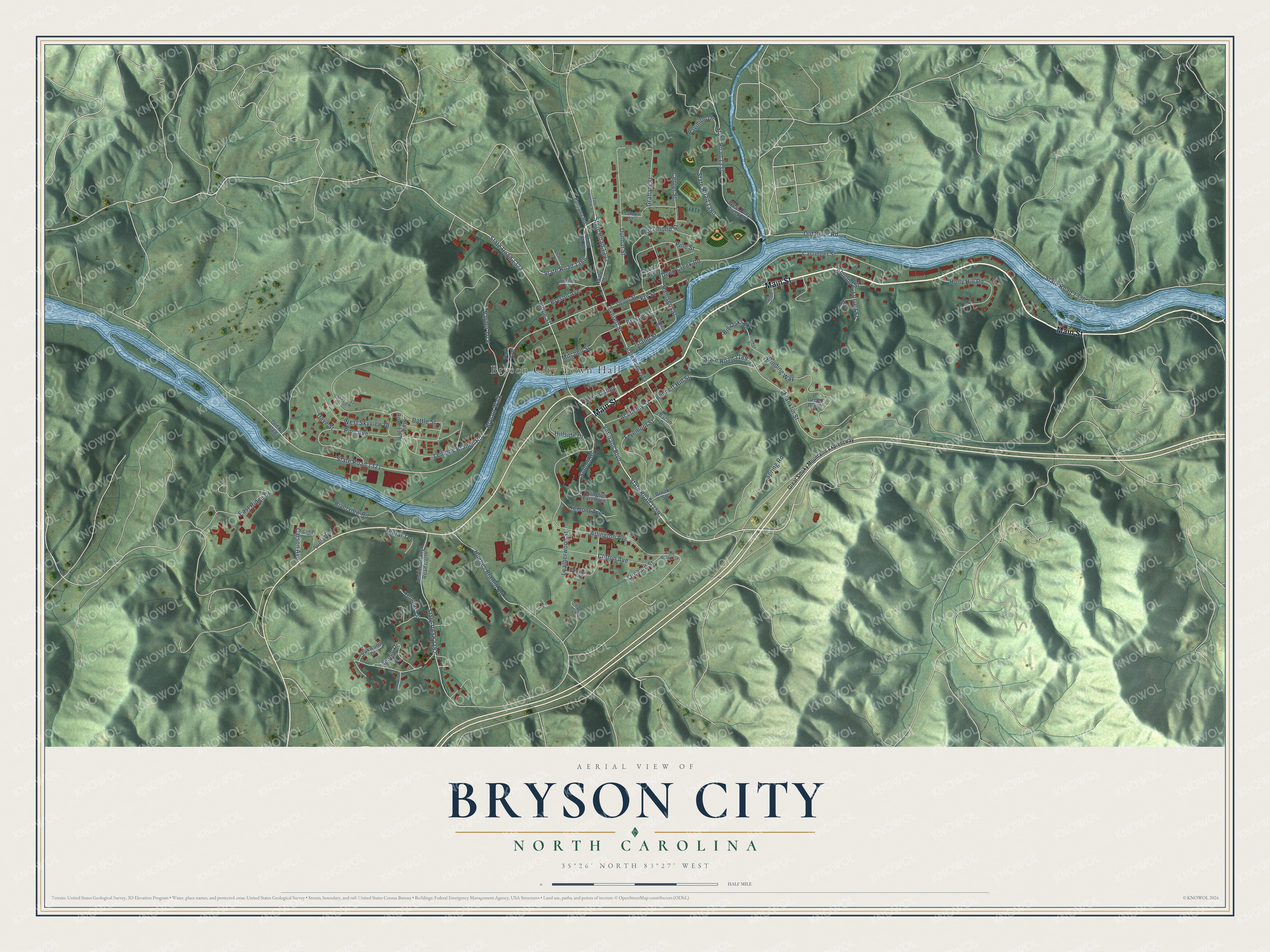 Watermarked full-map preview of Bryson City, North Carolina