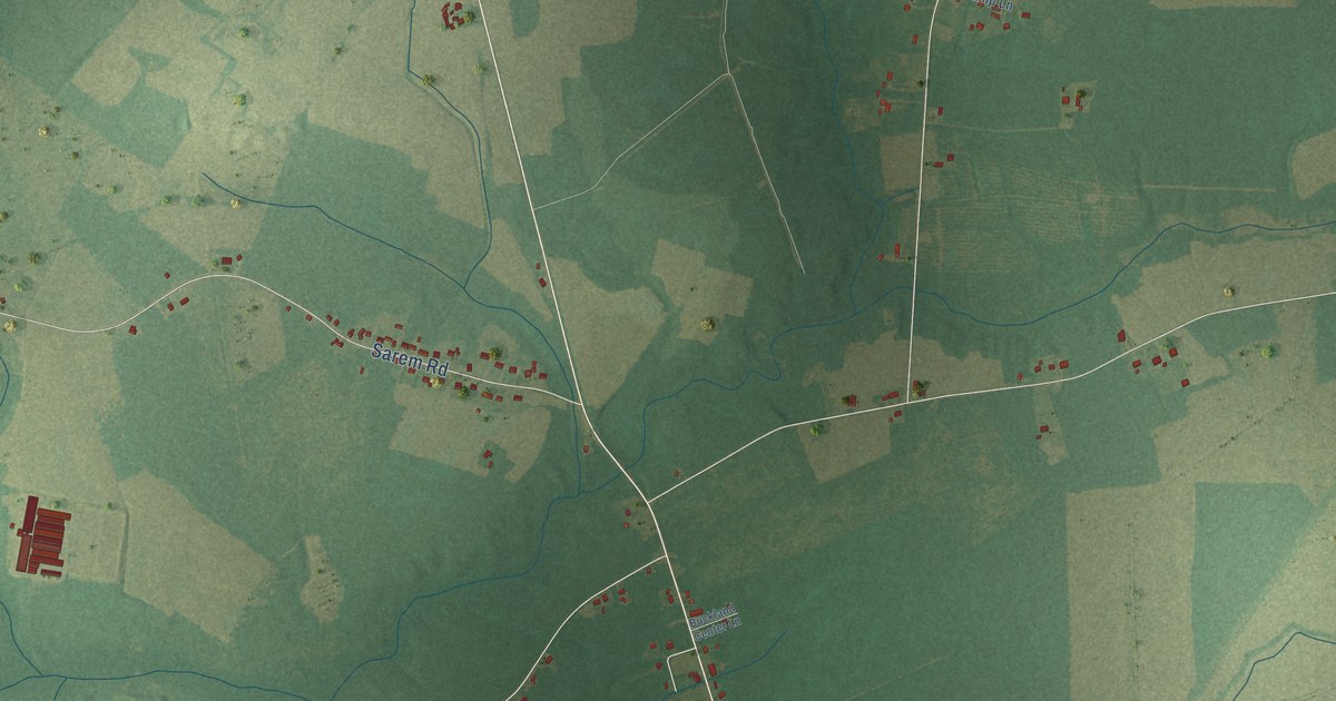 Close-up of streets and buildings in Buckland, North Carolina