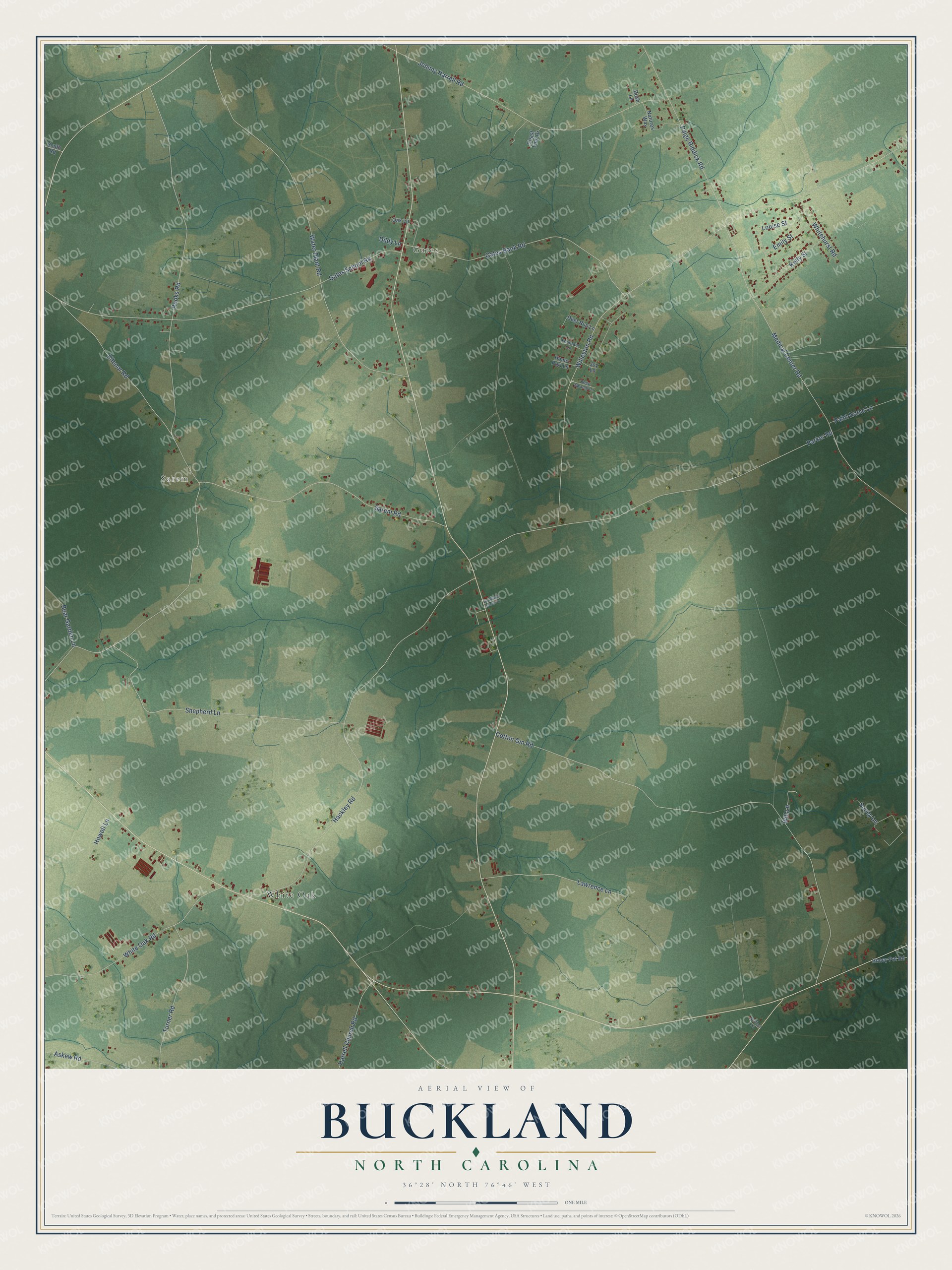 Full map of Buckland, North Carolina, with red buildings, printed street names and the land around them