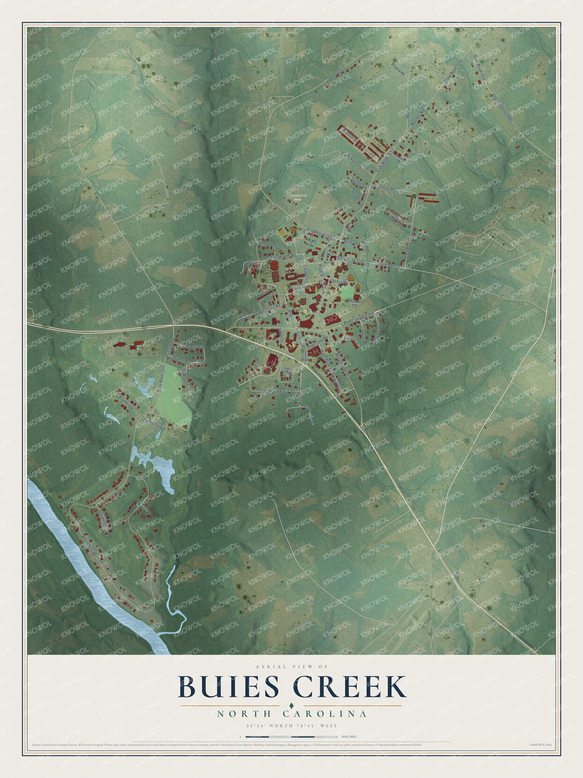 Full map of Buies Creek, North Carolina, with red buildings, printed street names and the land around them
