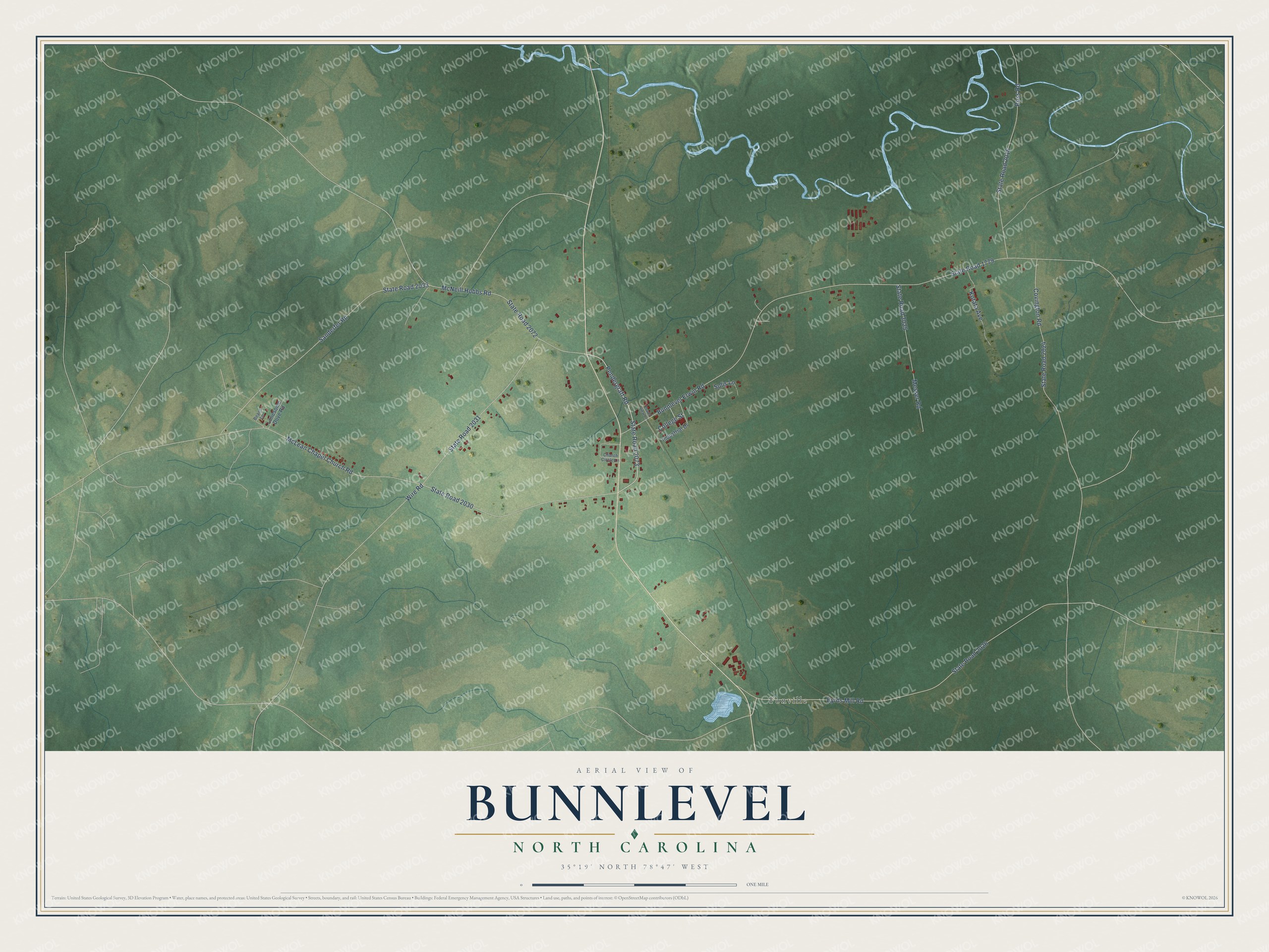 Full map of Bunnlevel, North Carolina, with red buildings, printed street names and the land around them