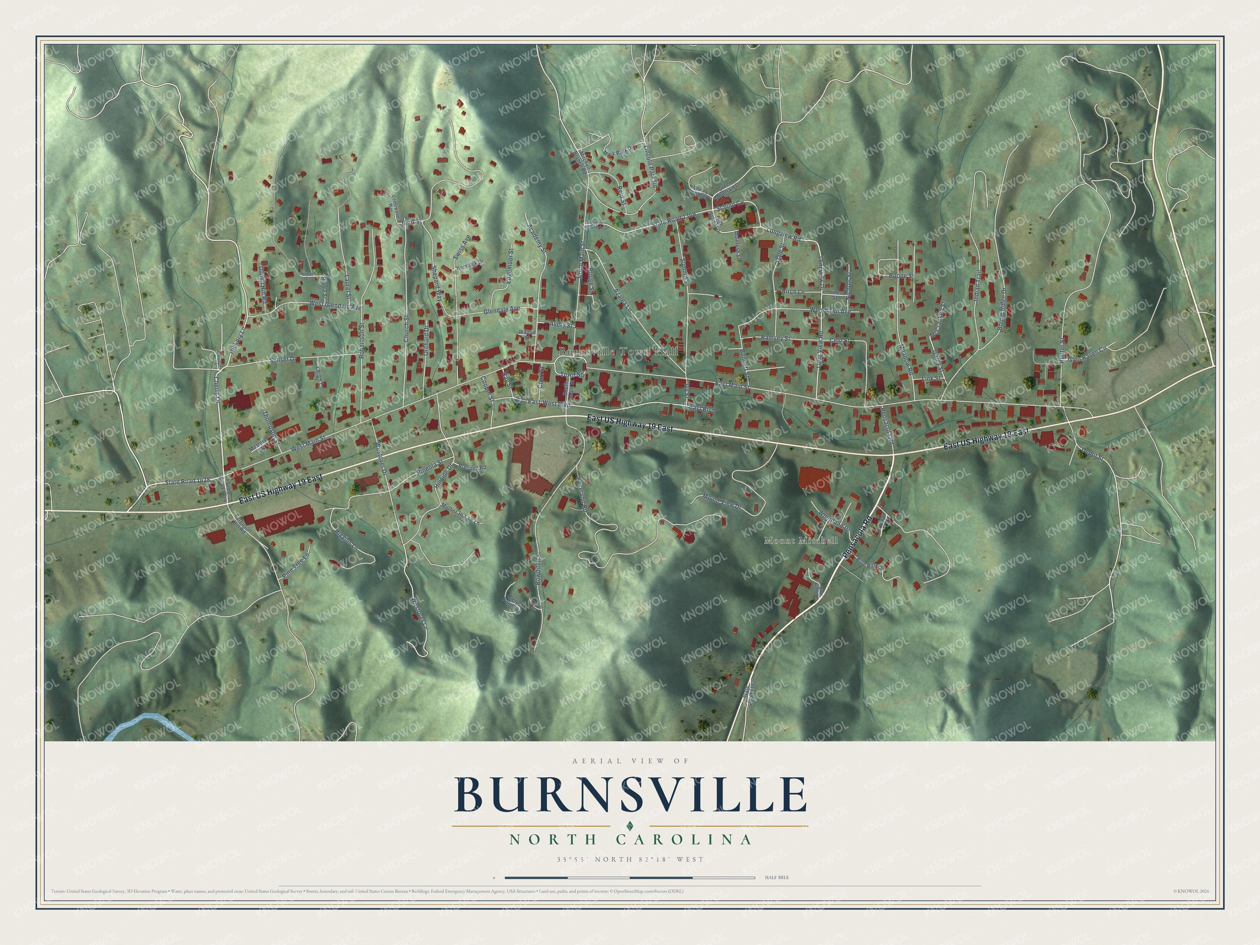 Full map of Burnsville, North Carolina, with red buildings, printed street names and the land around them