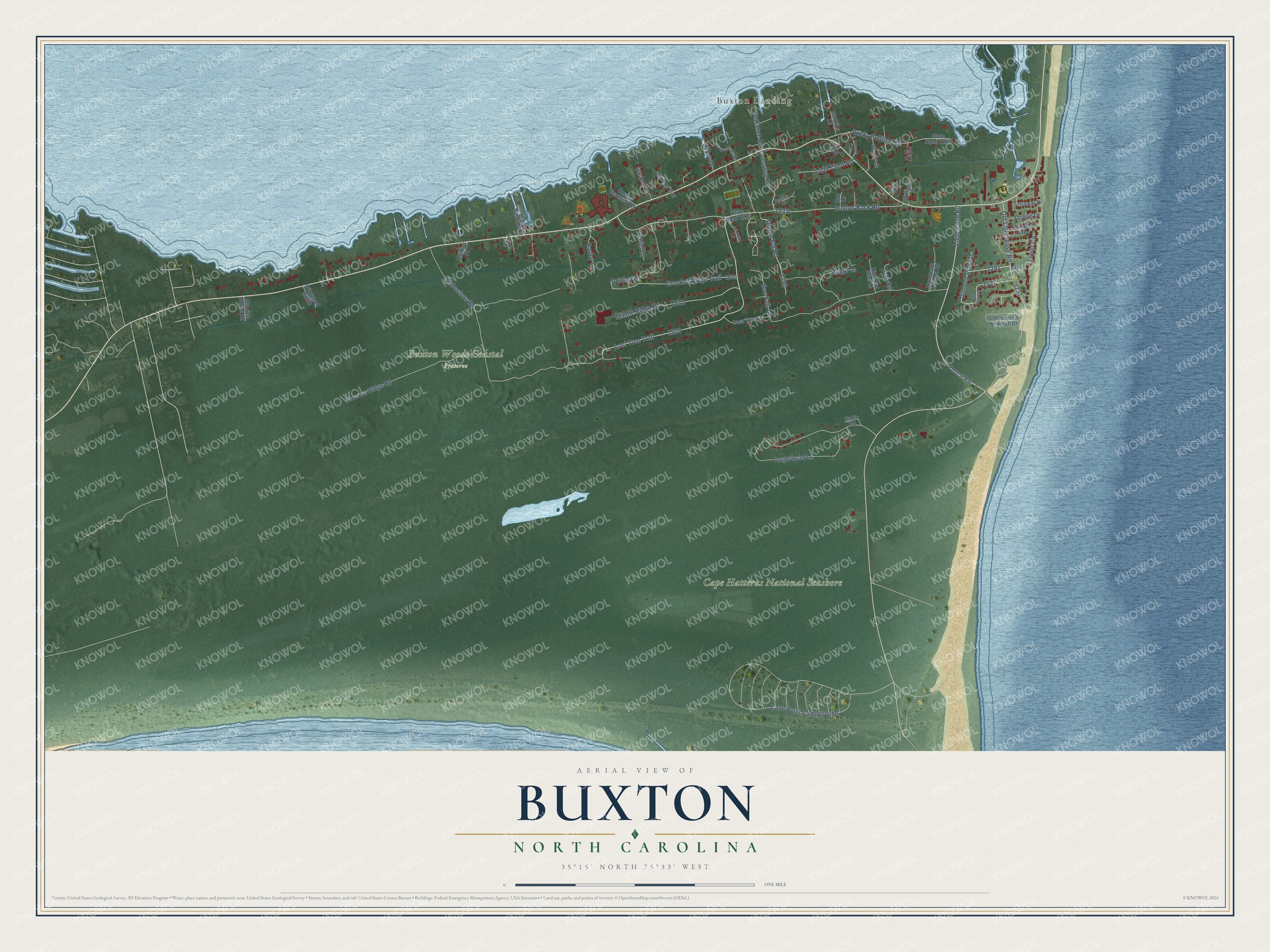 Full map of Buxton, North Carolina, with red buildings, printed street names and the land around them