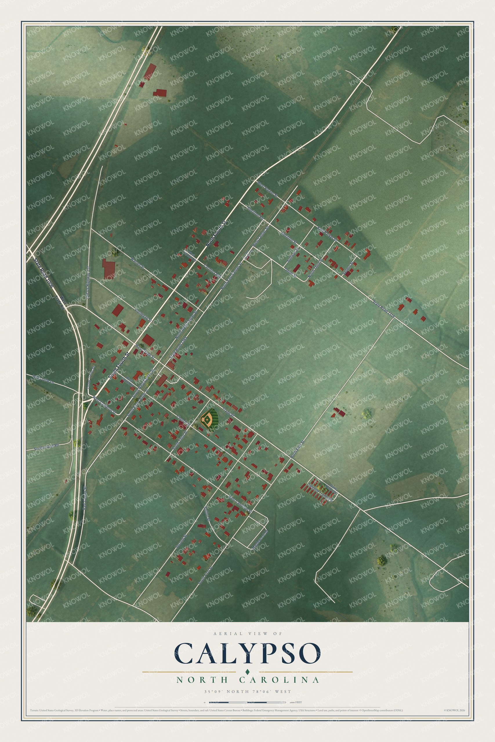 Full map of Calypso, North Carolina, with red buildings, printed street names and the land around them