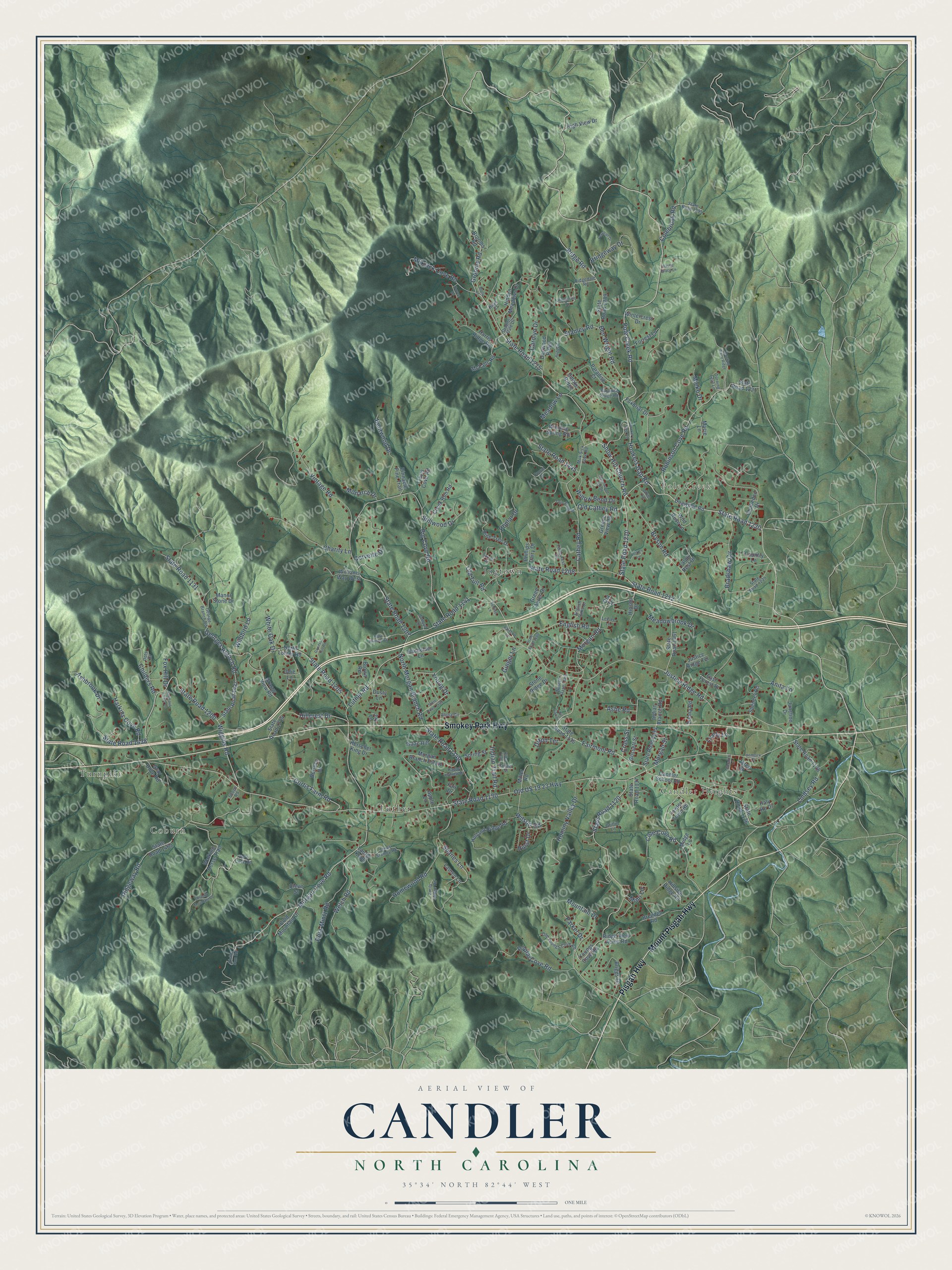 Full map of Candler, North Carolina, with red buildings, printed street names and the land around them