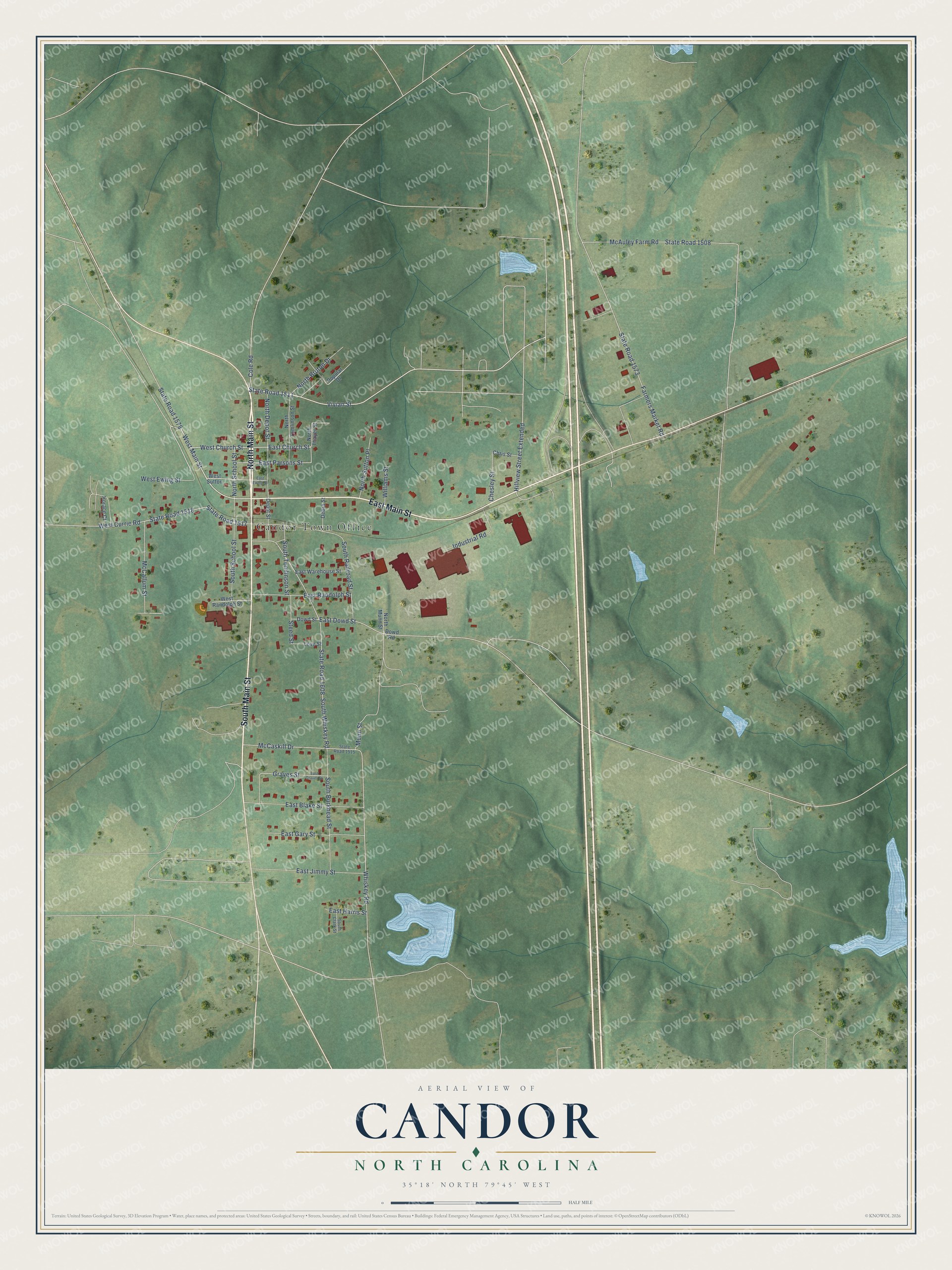 Full map of Candor, North Carolina, with red buildings, printed street names and the land around them