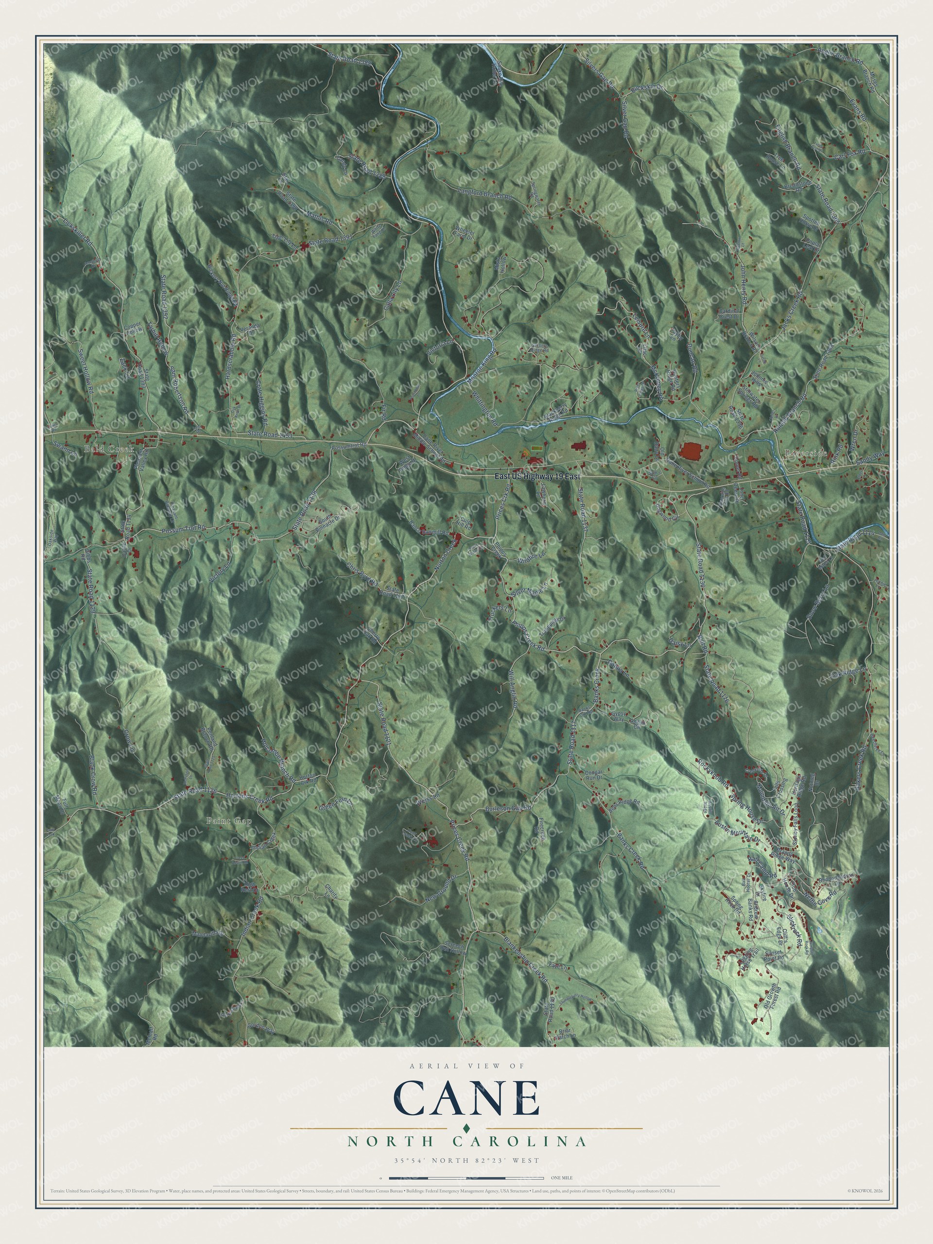 Full map of Cane, North Carolina, with red buildings, printed street names and the land around them