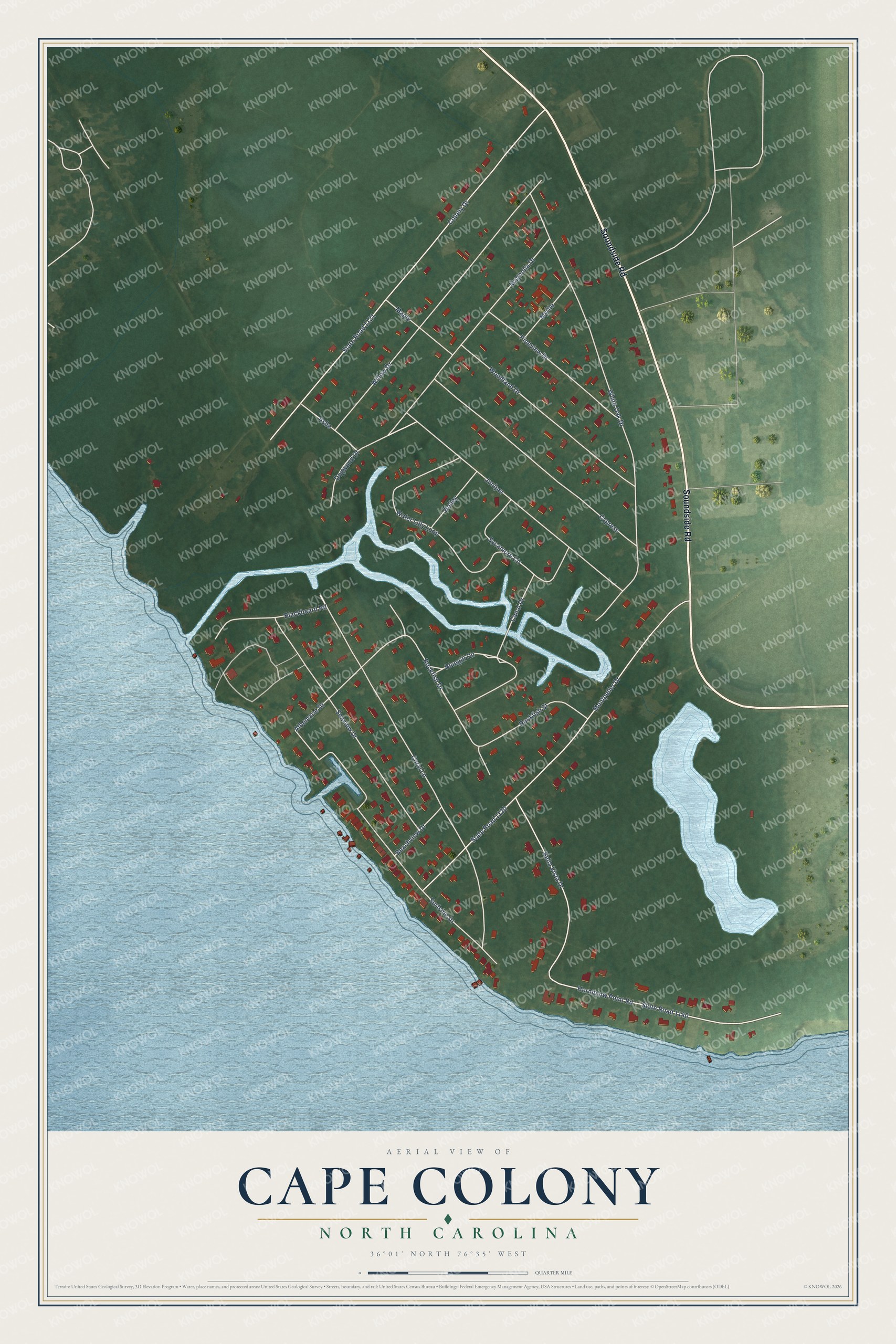 Full map of Cape Colony, North Carolina, with red buildings, printed street names and the land around them