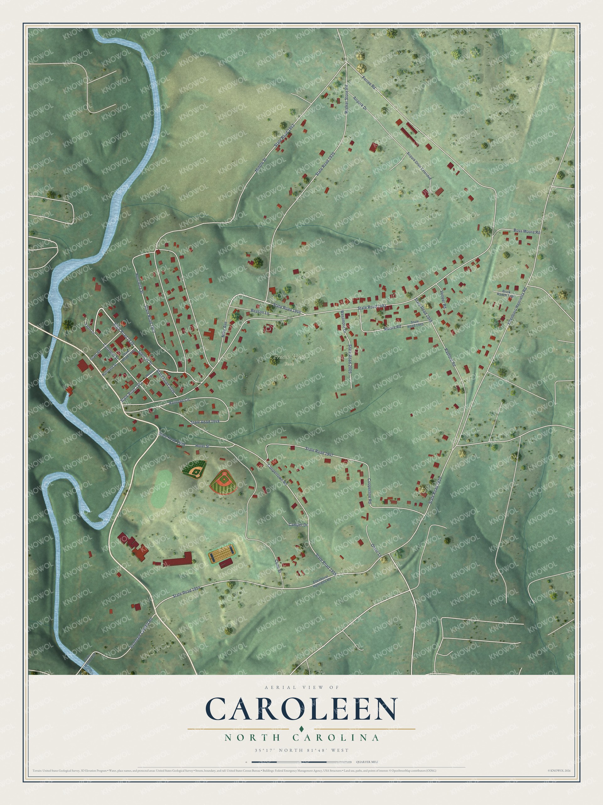 Full map of Caroleen, North Carolina, with red buildings, printed street names and the land around them