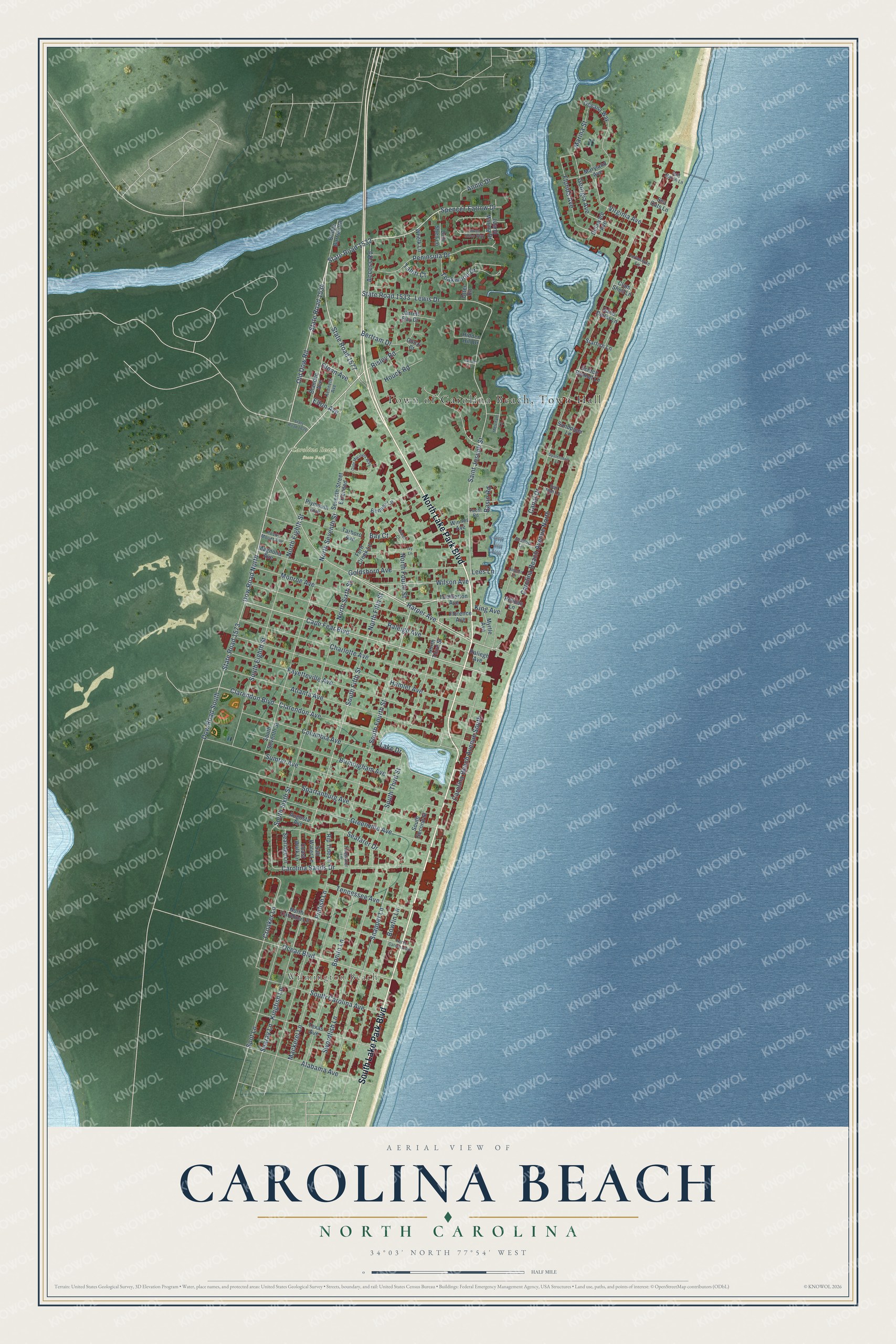 Full map of Carolina Beach, North Carolina, with red buildings, printed street names and the land around them