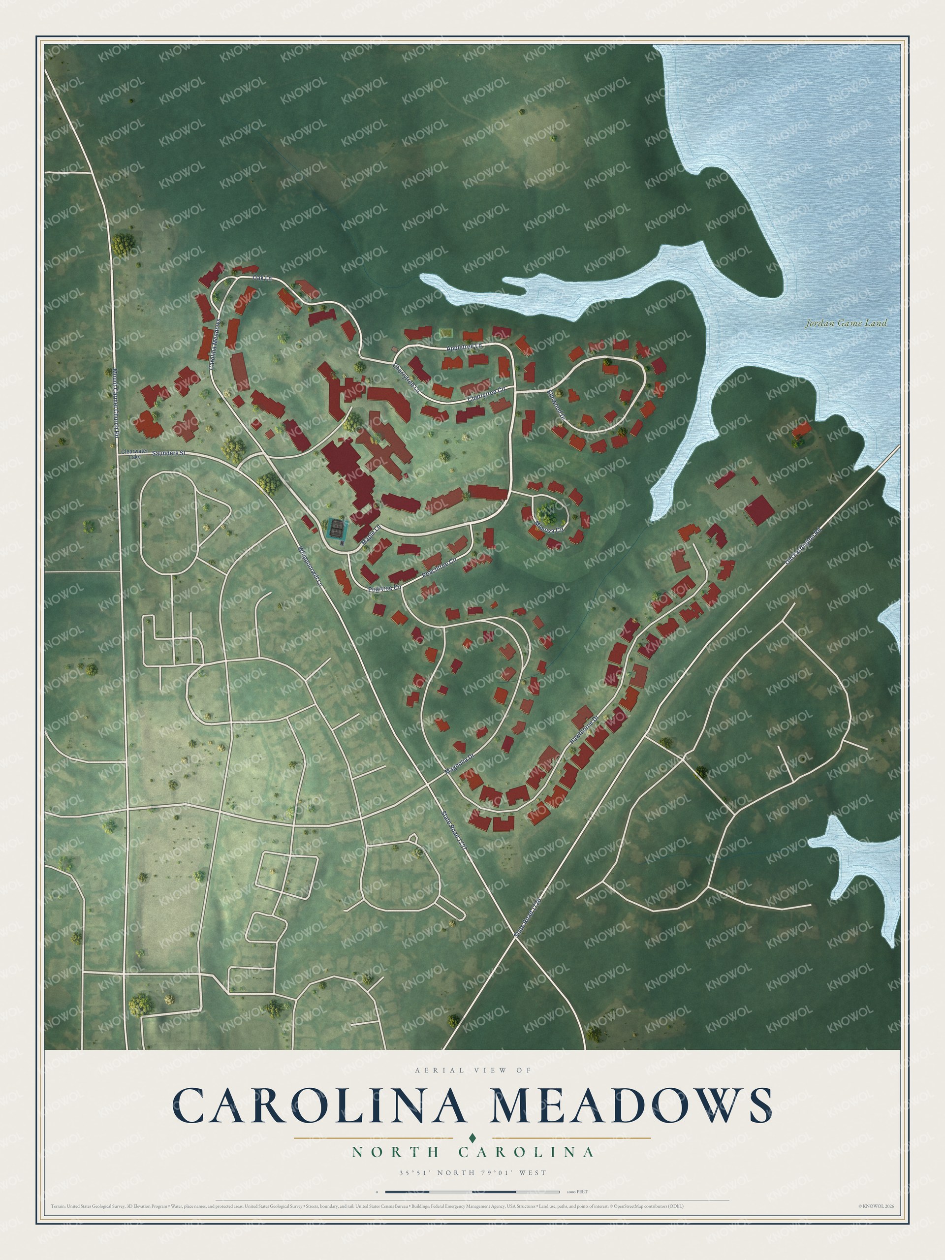 Full map of Carolina Meadows, North Carolina, with red buildings, printed street names and the land around them