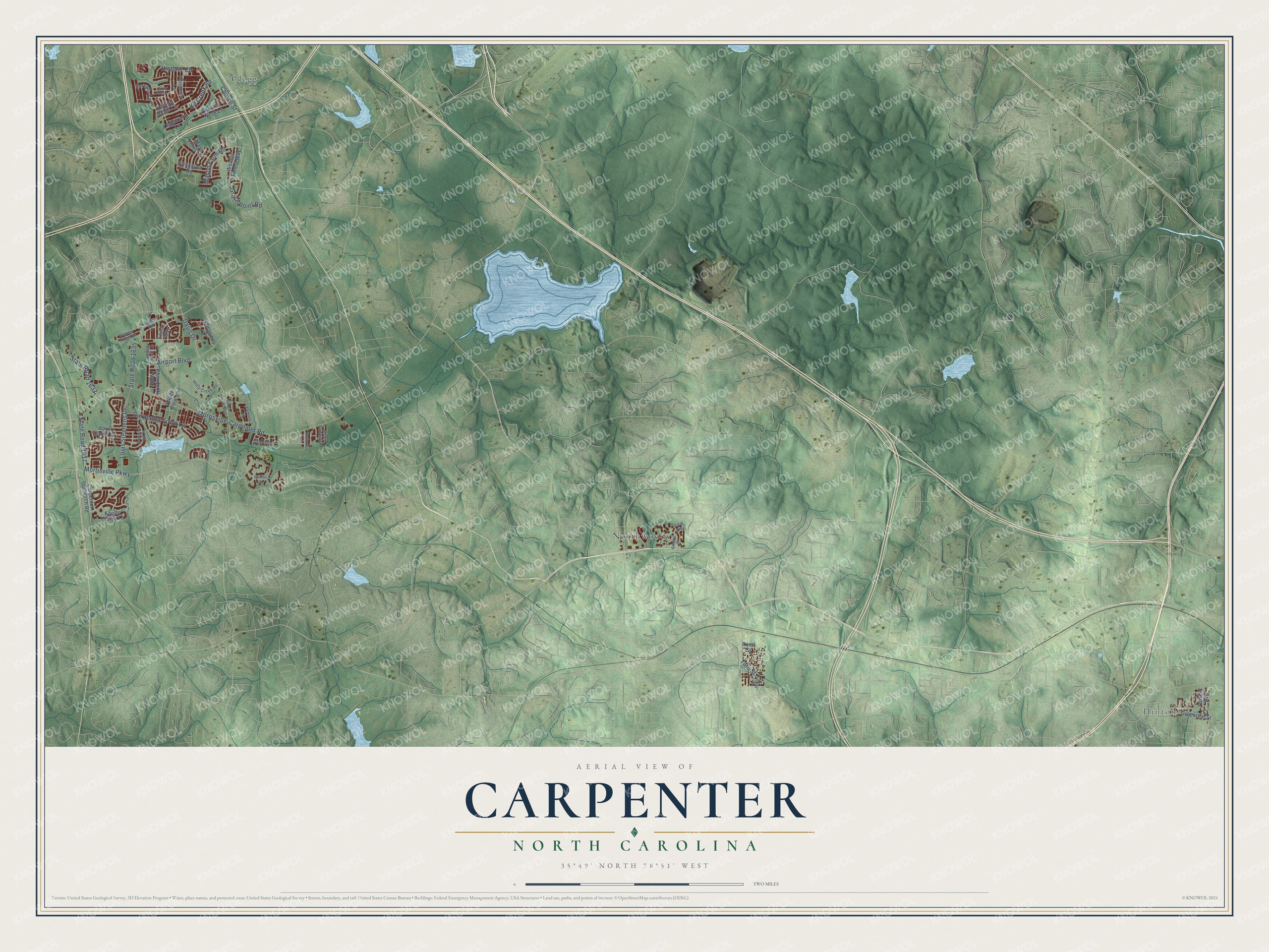 Full map of Carpenter, North Carolina, with red buildings, printed street names and the land around them