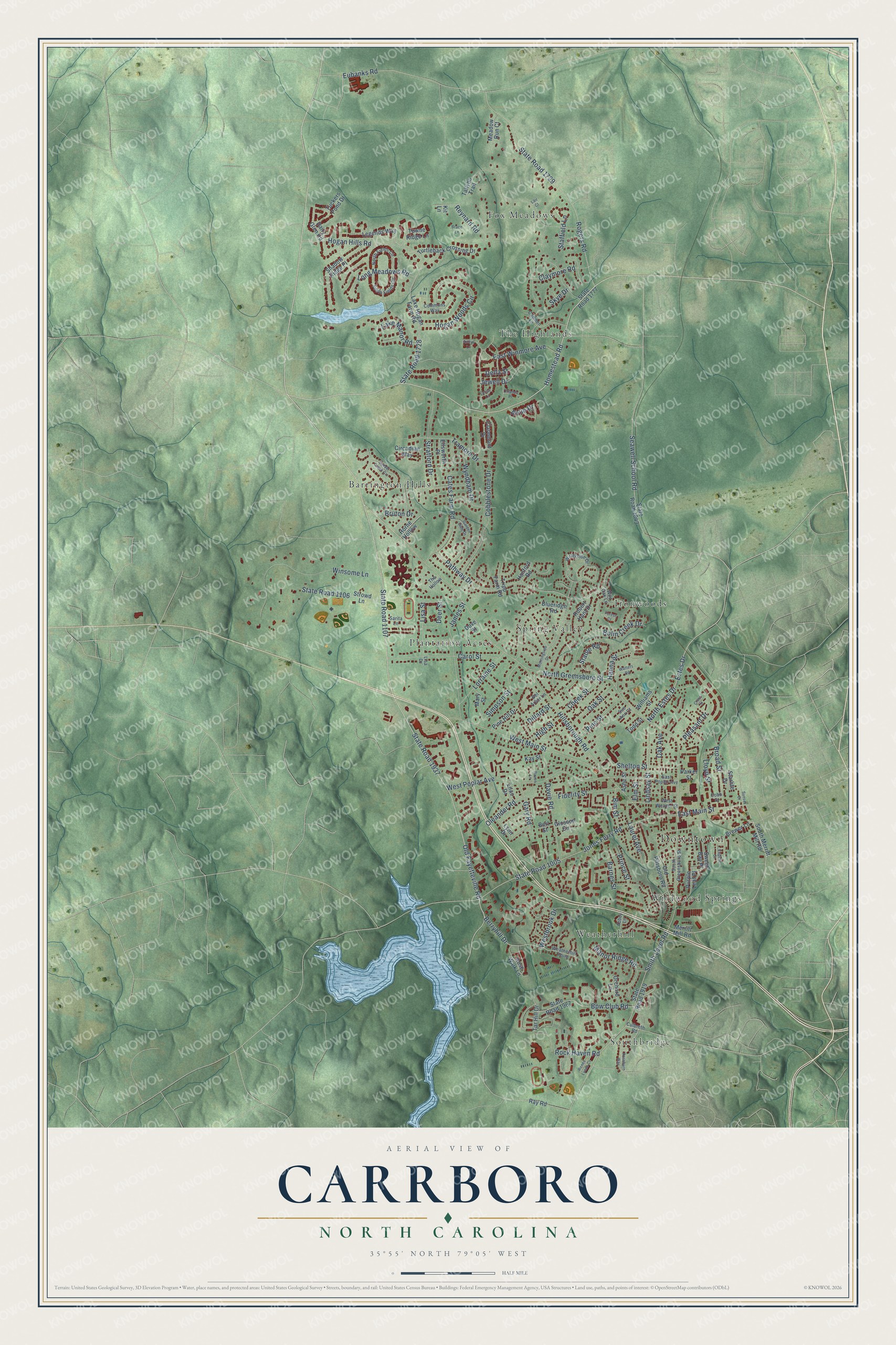 Full map of Carrboro, North Carolina, with red buildings, printed street names and the land around them