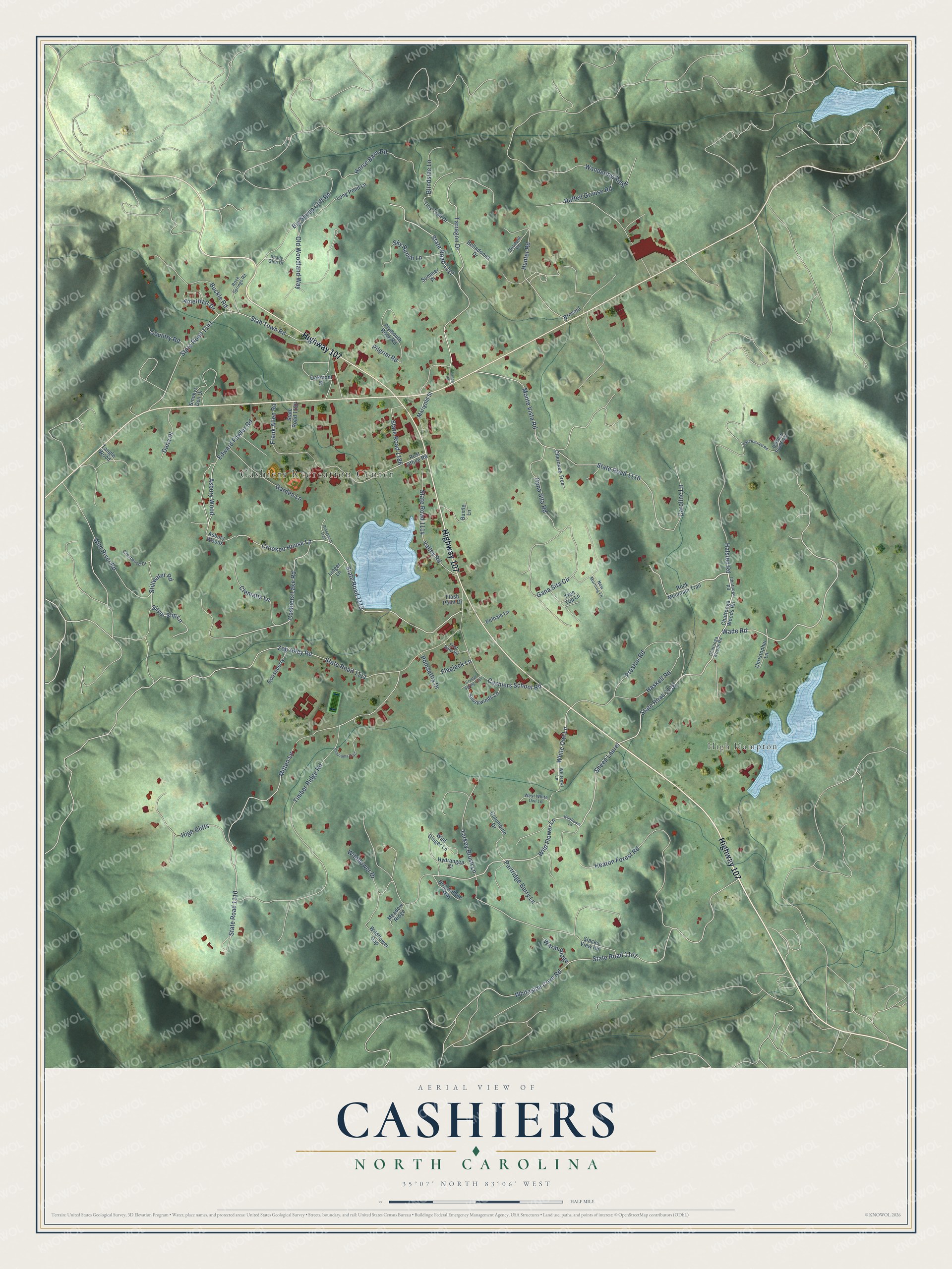 Full map of Cashiers, North Carolina, with red buildings, printed street names and the land around them