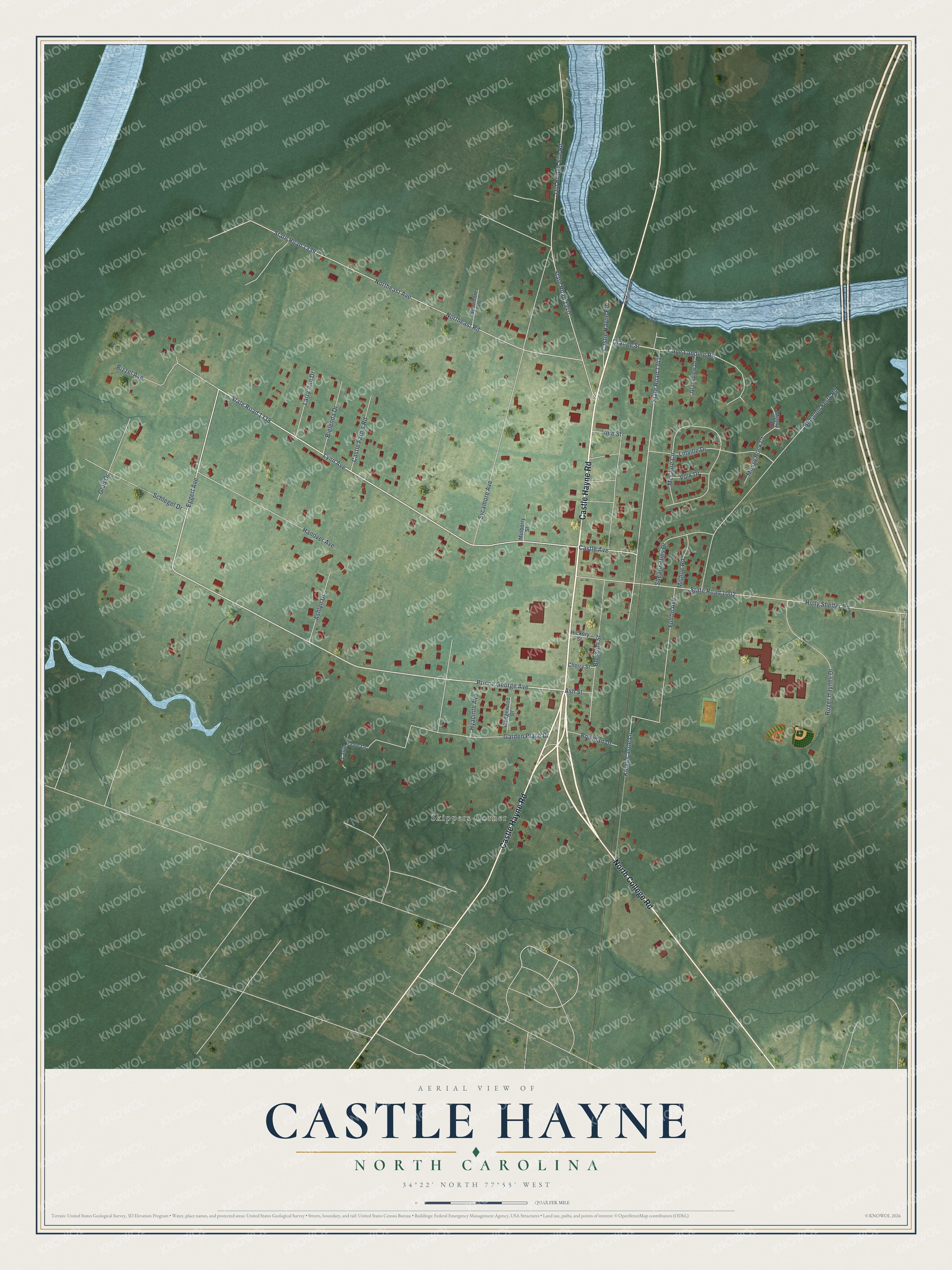 Full map of Castle Hayne, North Carolina, with red buildings, printed street names and the land around them