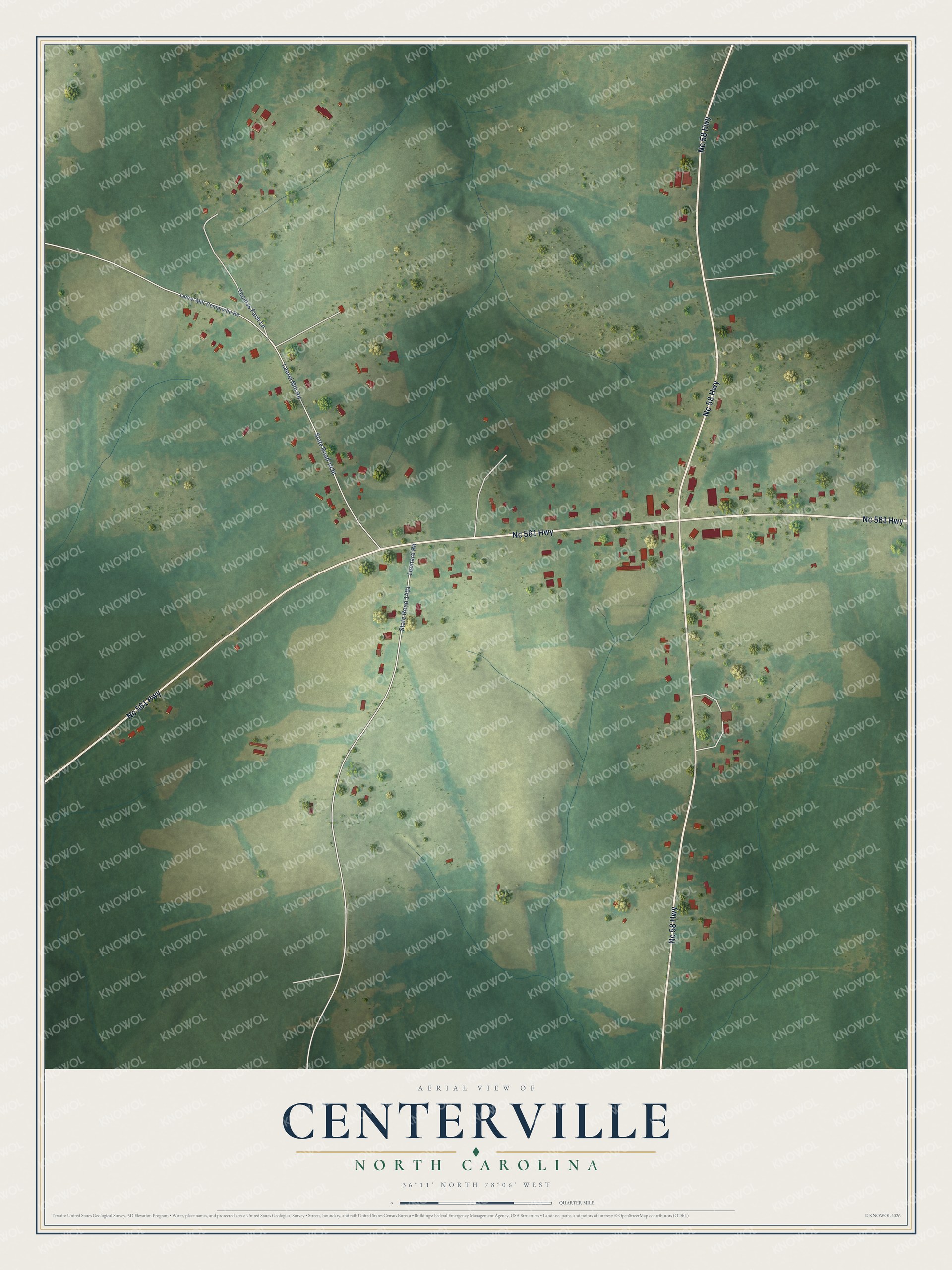 Full map of Centerville, North Carolina, with red buildings, printed street names and the land around them