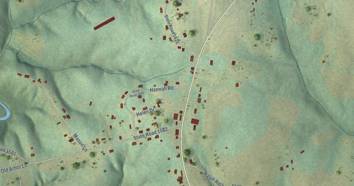 Close-up of streets and buildings in Central, North Carolina