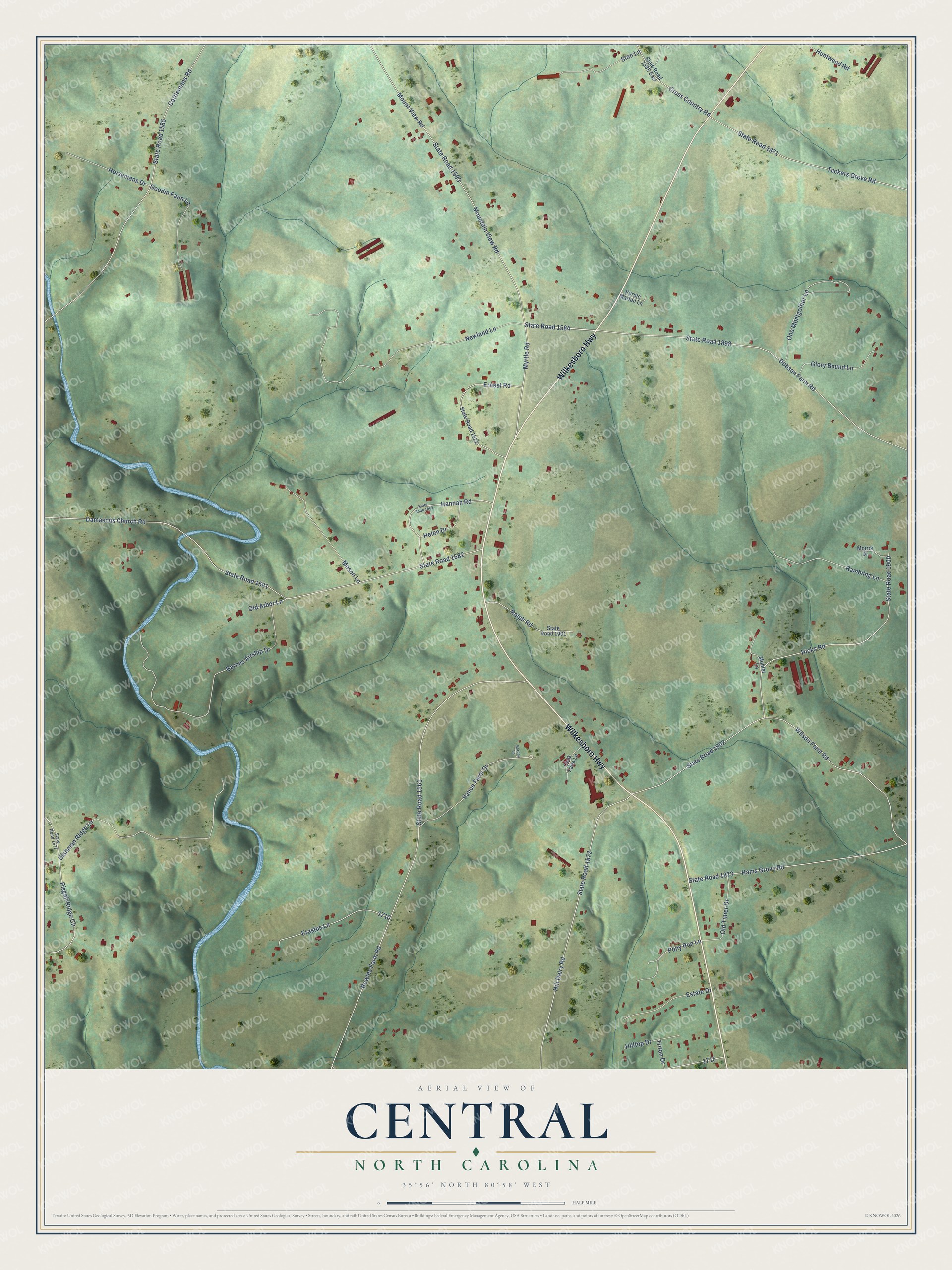 Full map of Central, North Carolina, with red buildings, printed street names and the land around them