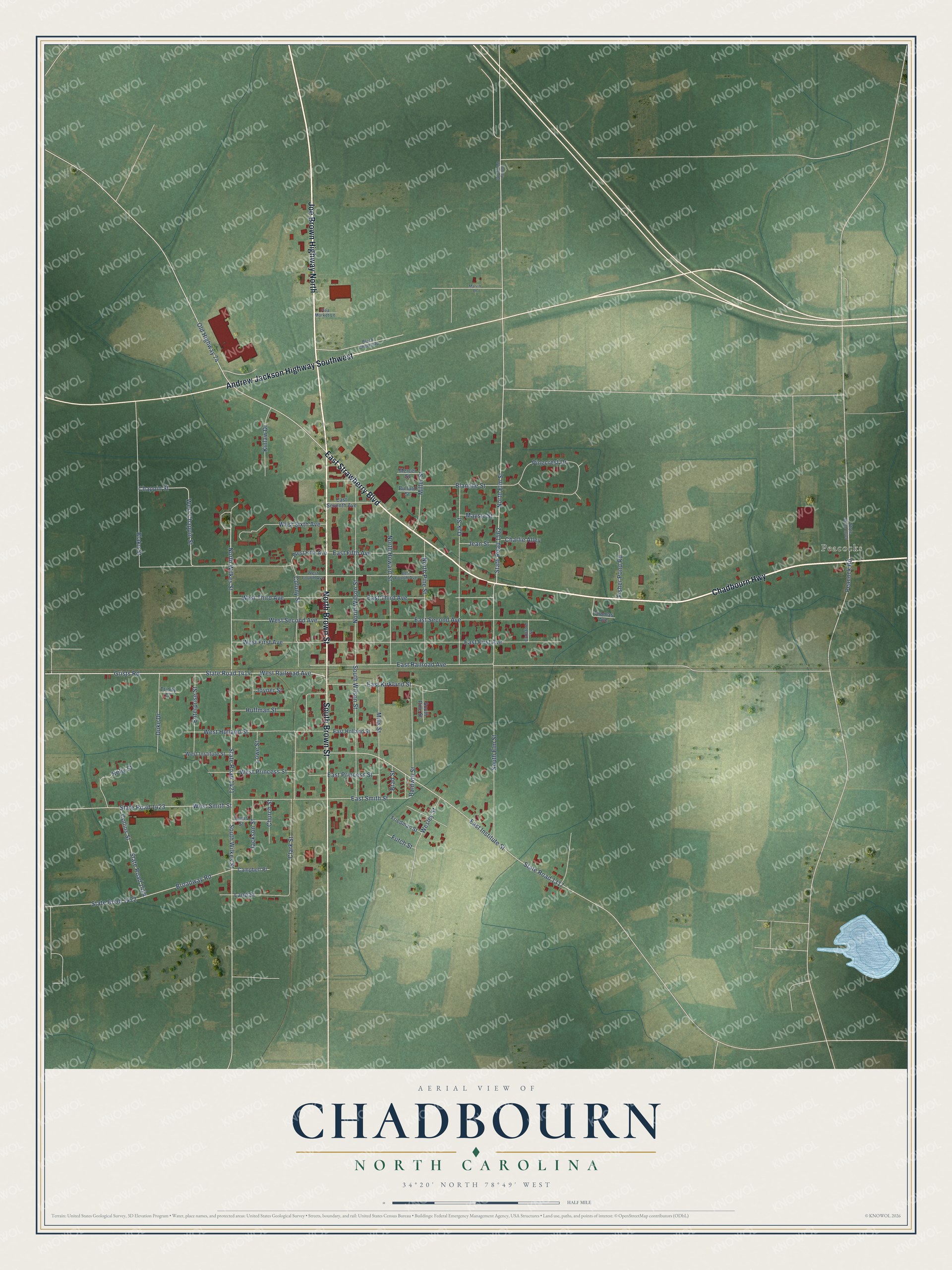 Full map of Chadbourn, North Carolina, with red buildings, printed street names and the land around them