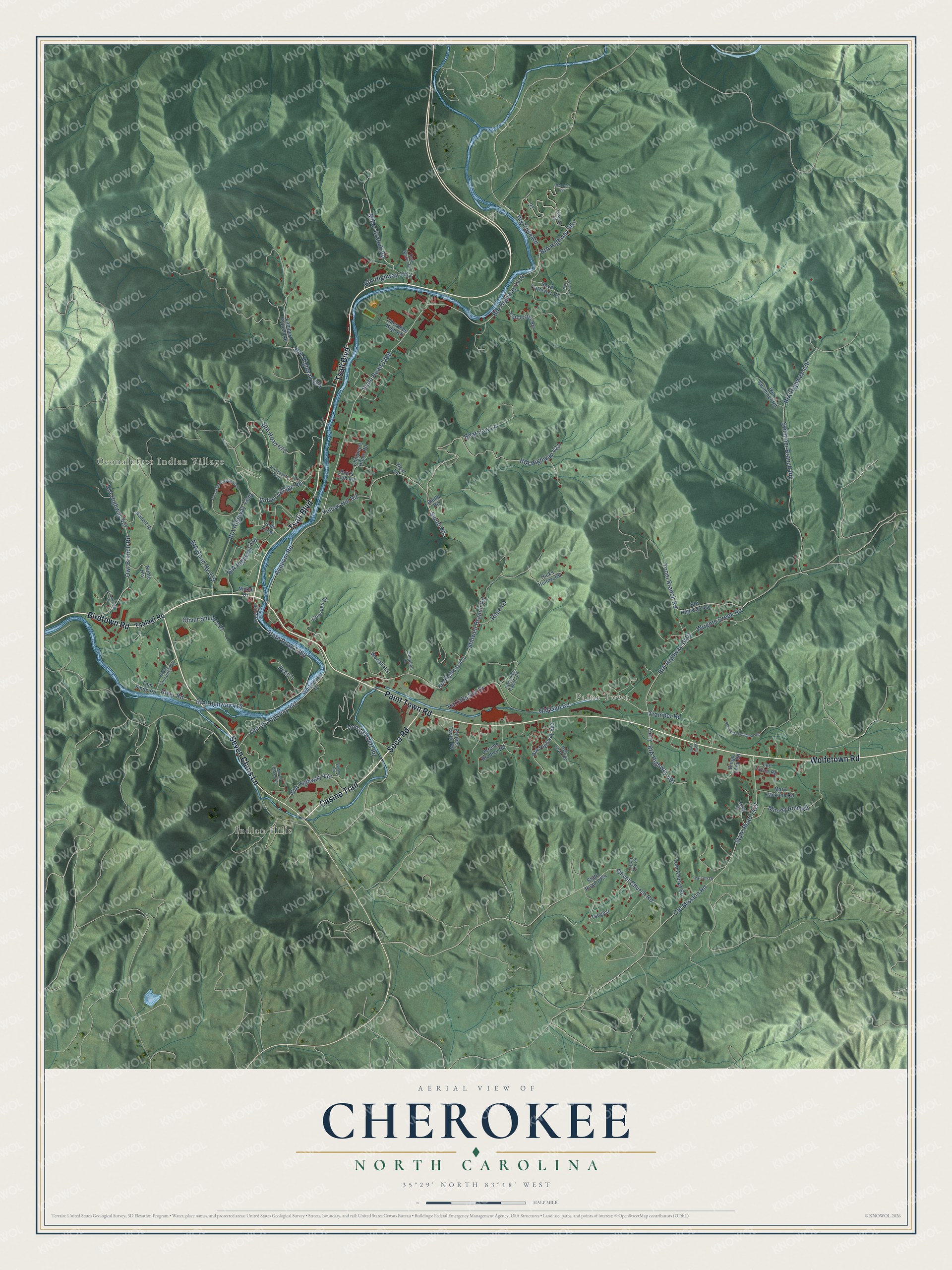 Full map of Cherokee, North Carolina, with red buildings, printed street names and the land around them