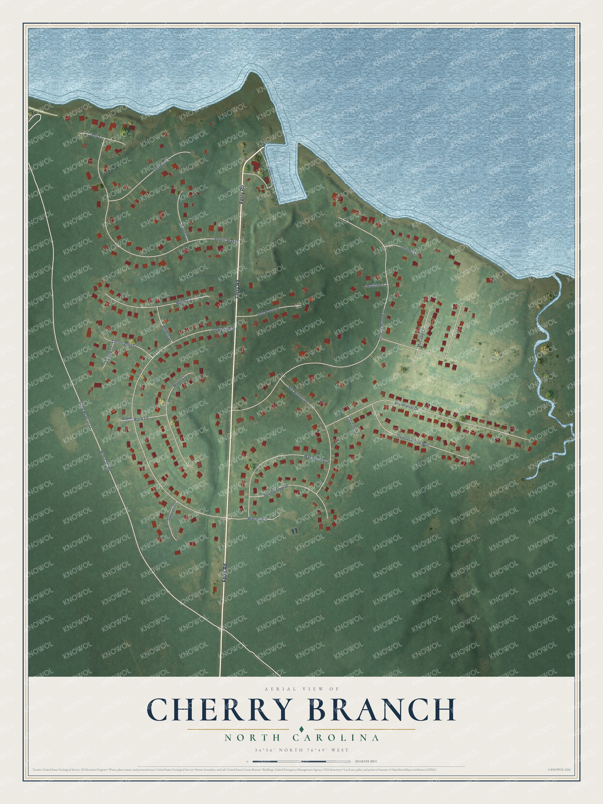 Full map of Cherry Branch, North Carolina, with red buildings, printed street names and the land around them
