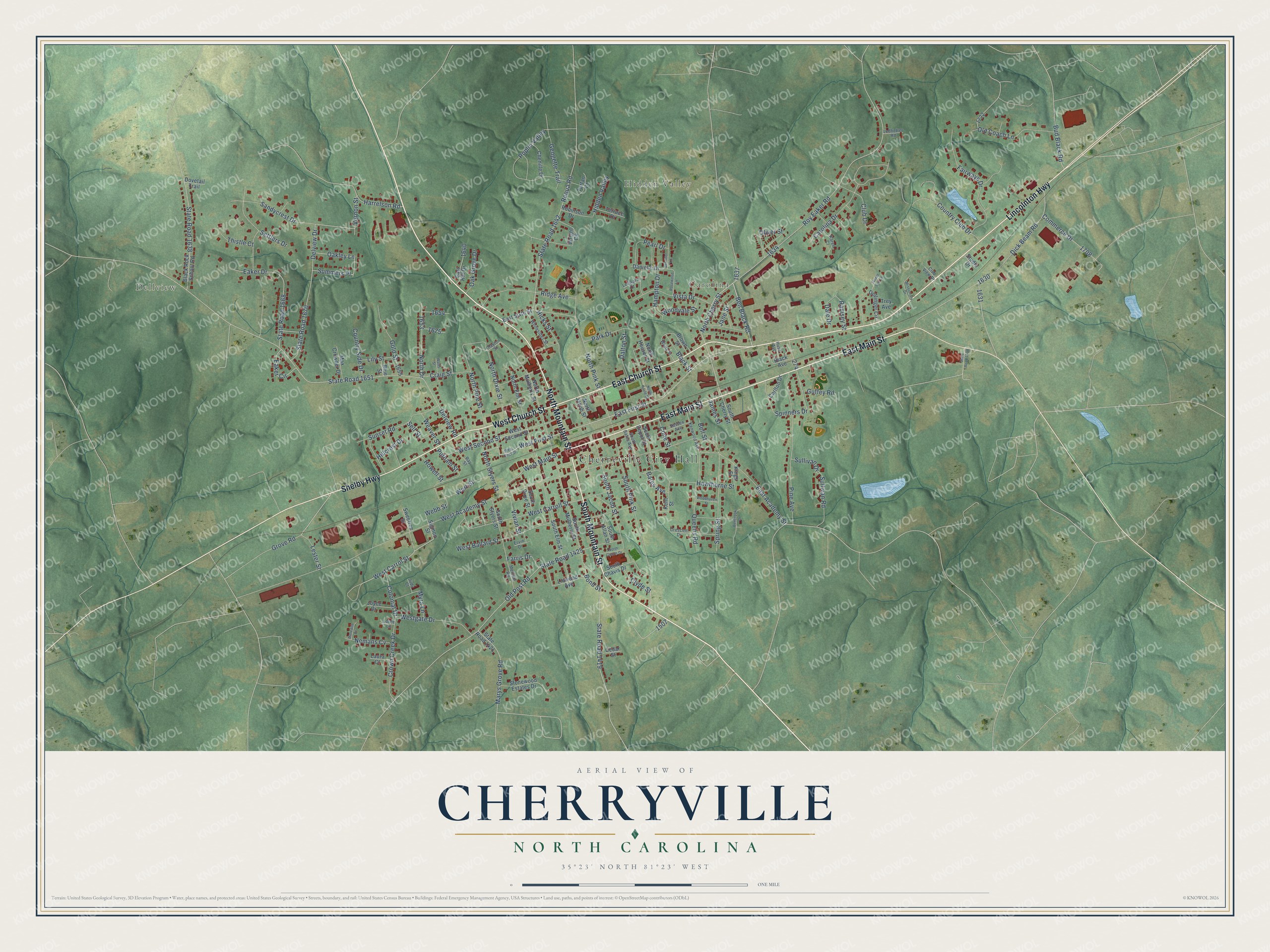 Full map of Cherryville, North Carolina, with red buildings, printed street names and the land around them