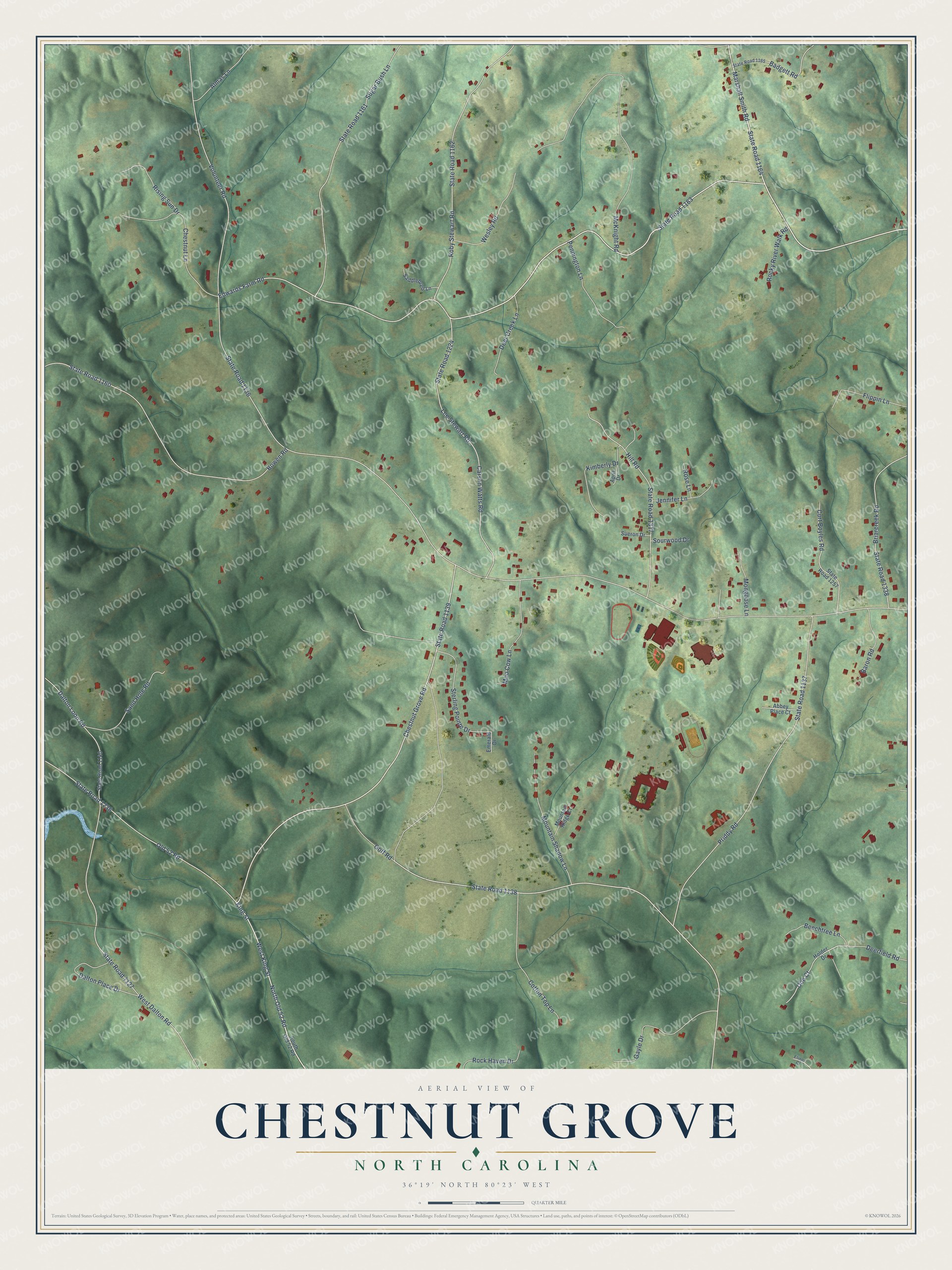 Full map of Chestnut Grove, North Carolina, with red buildings, printed street names and the land around them