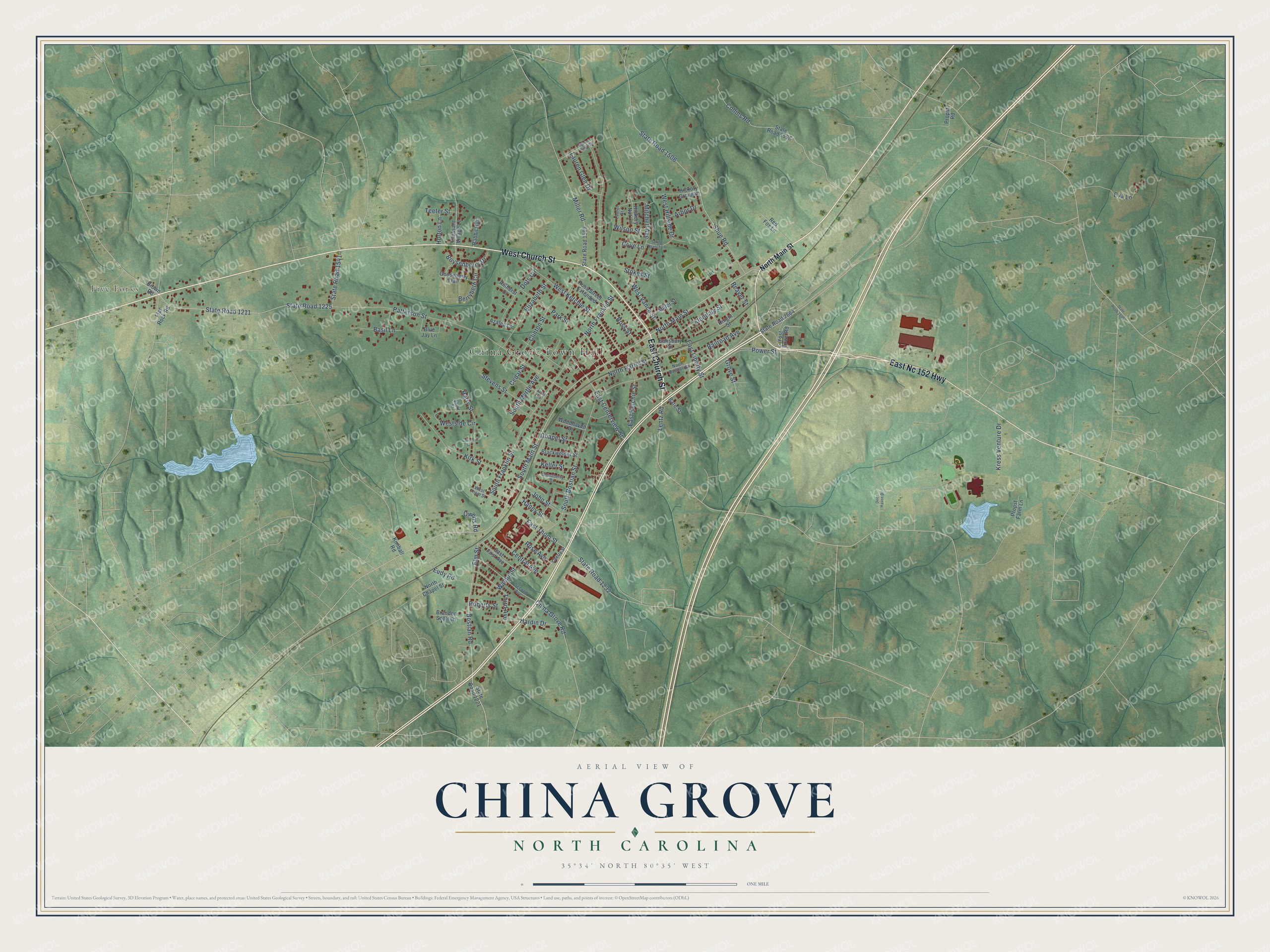 Full map of China Grove, North Carolina, with red buildings, printed street names and the land around them