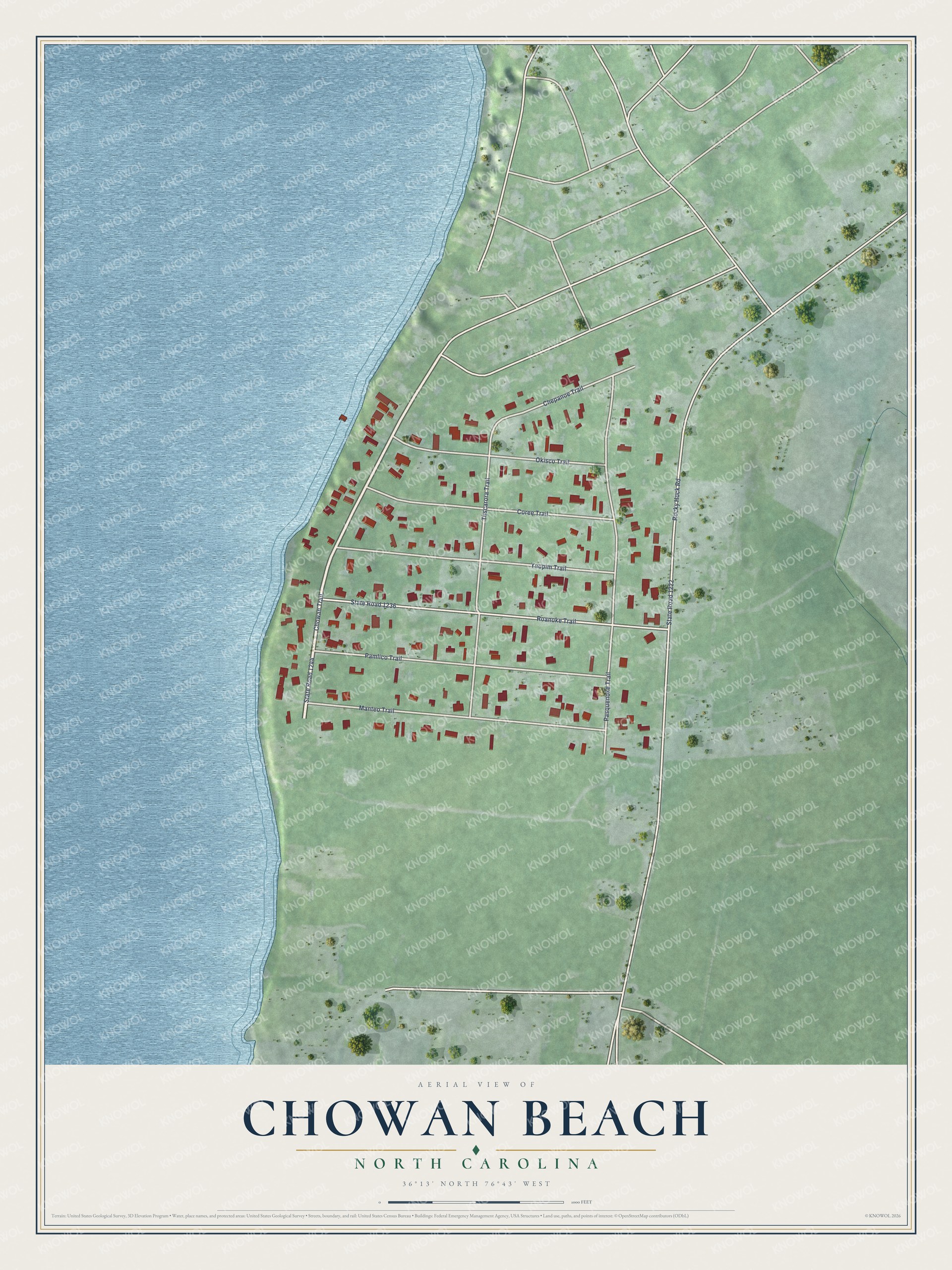 Full map of Chowan Beach, North Carolina, with red buildings, printed street names and the land around them