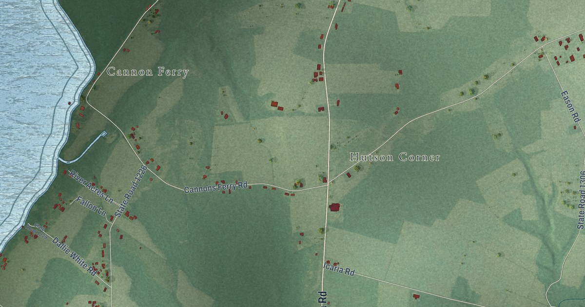 Close-up of streets and buildings in Chowan, North Carolina