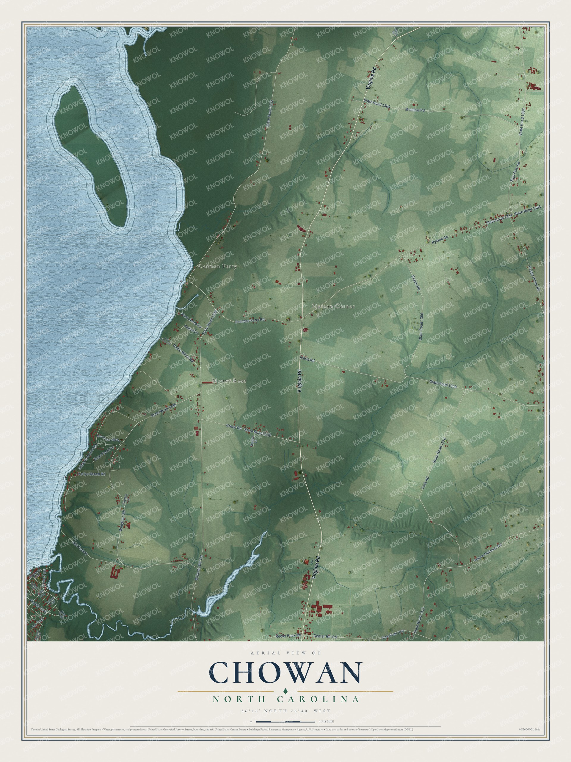 Full map of Chowan, North Carolina, with red buildings, printed street names and the land around them