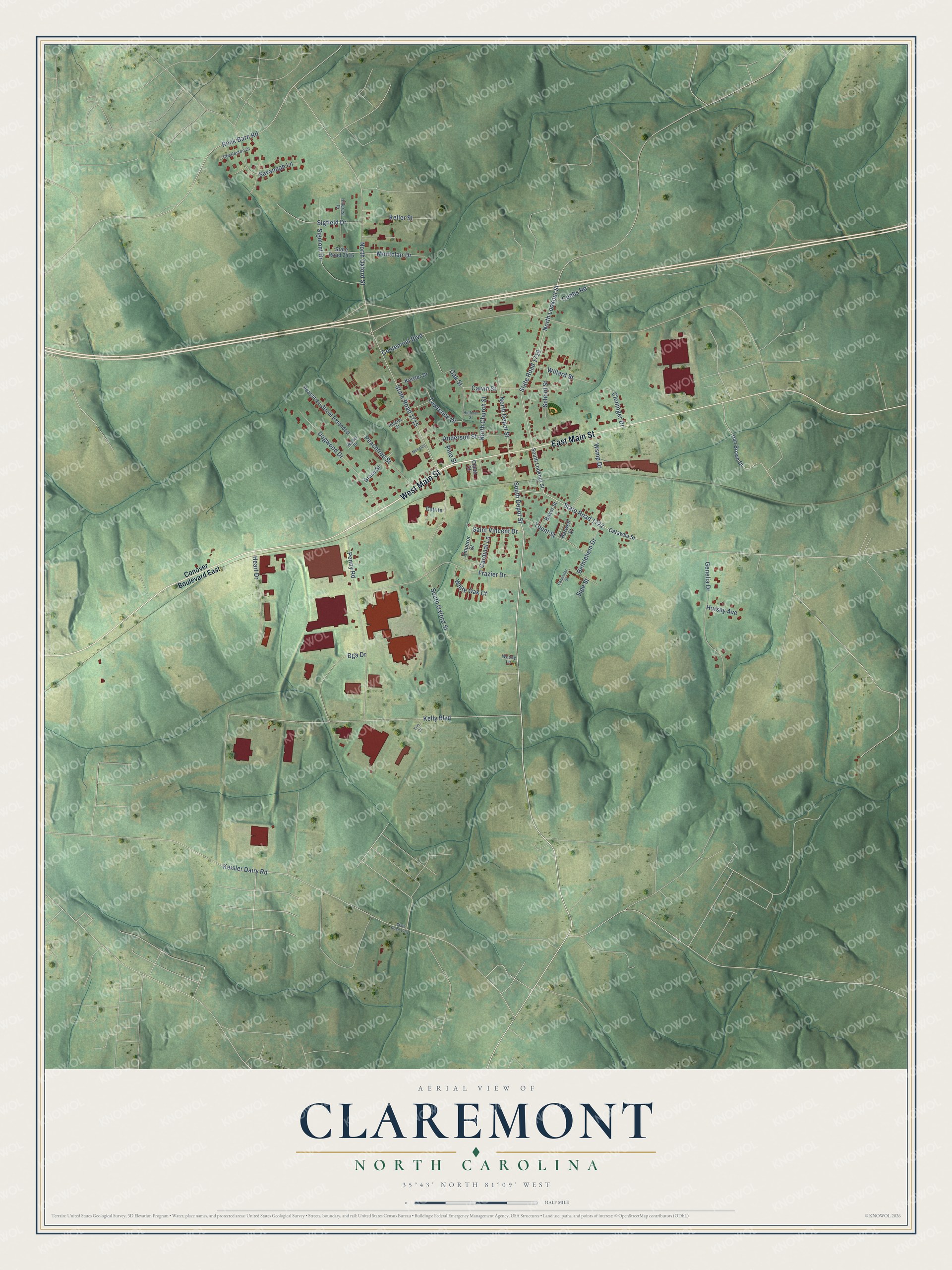 Watermarked full-map preview of Claremont, North Carolina
