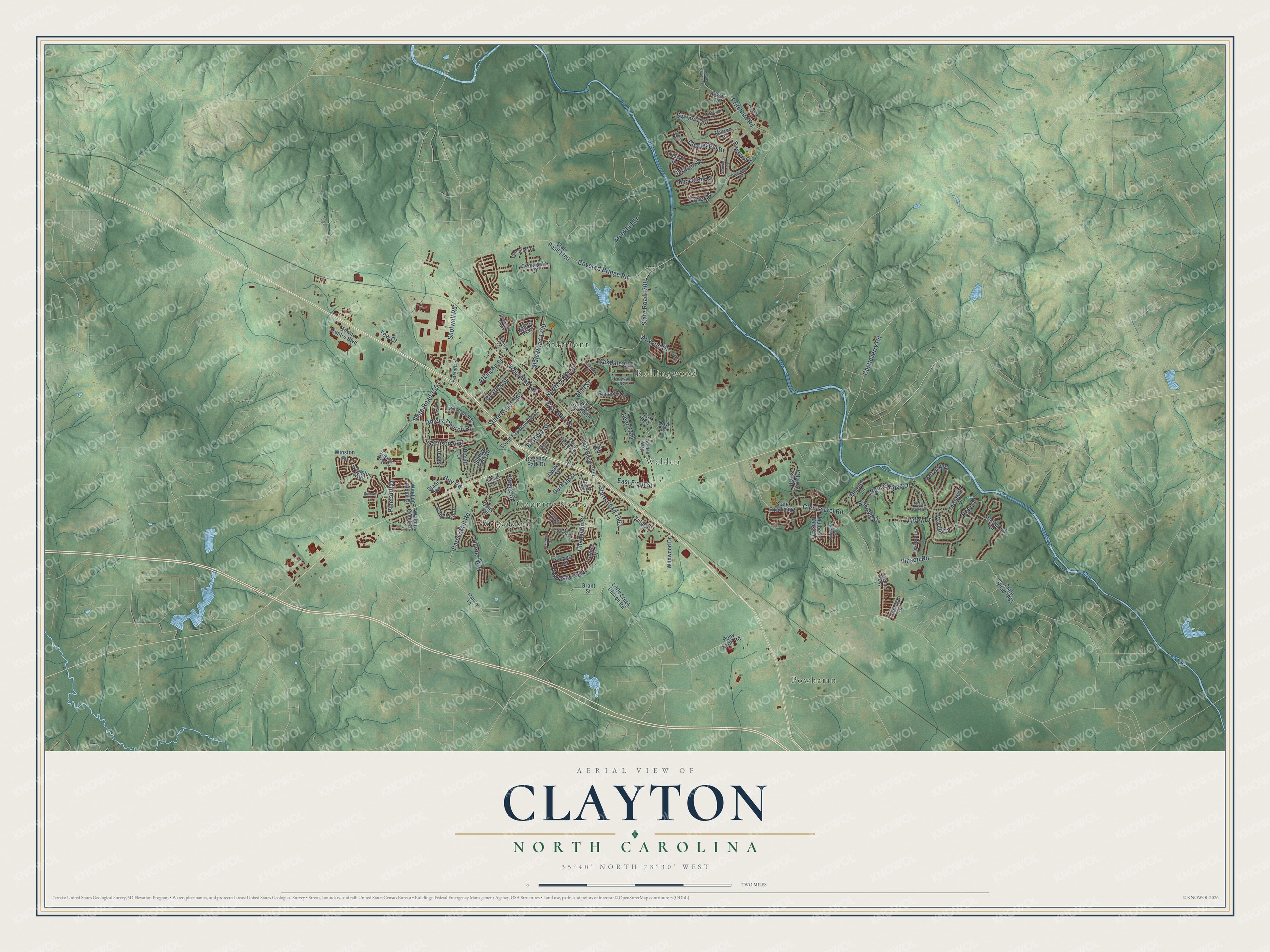 Full map of Clayton, North Carolina, with red buildings, printed street names and the land around them