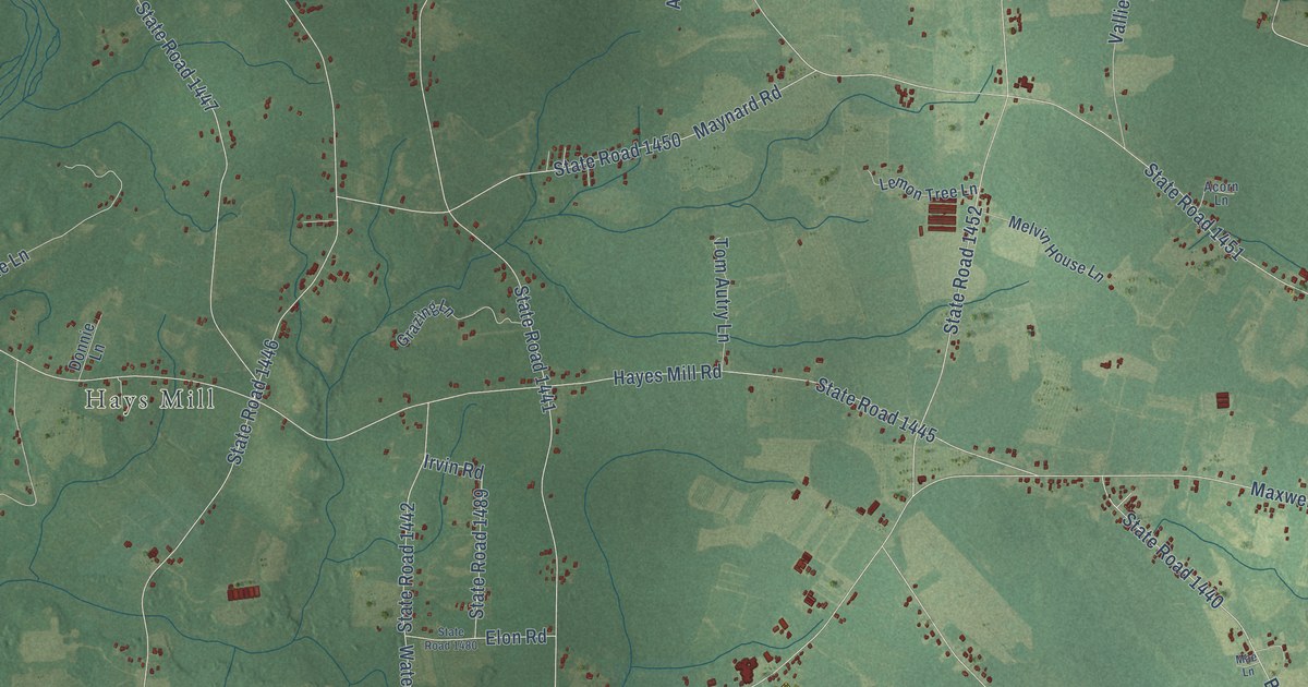 Close-up of streets and buildings in Clement, North Carolina