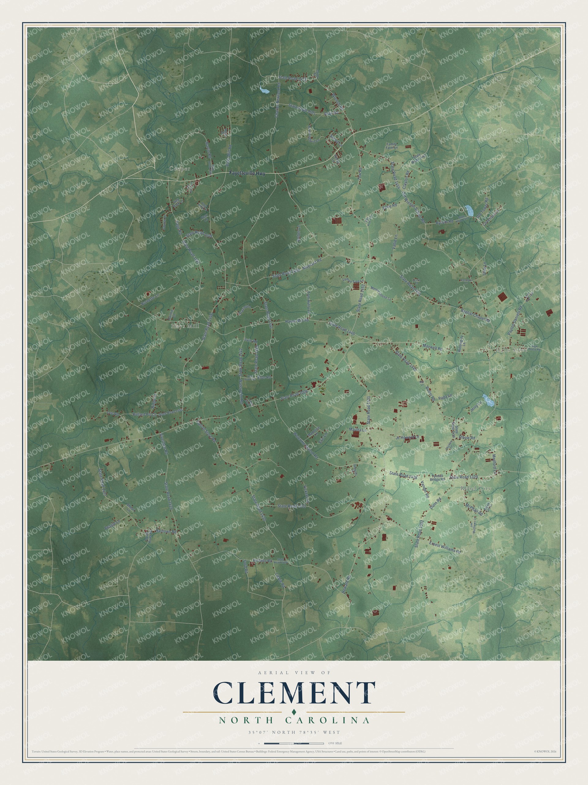Full map of Clement, North Carolina, with red buildings, printed street names and the land around them