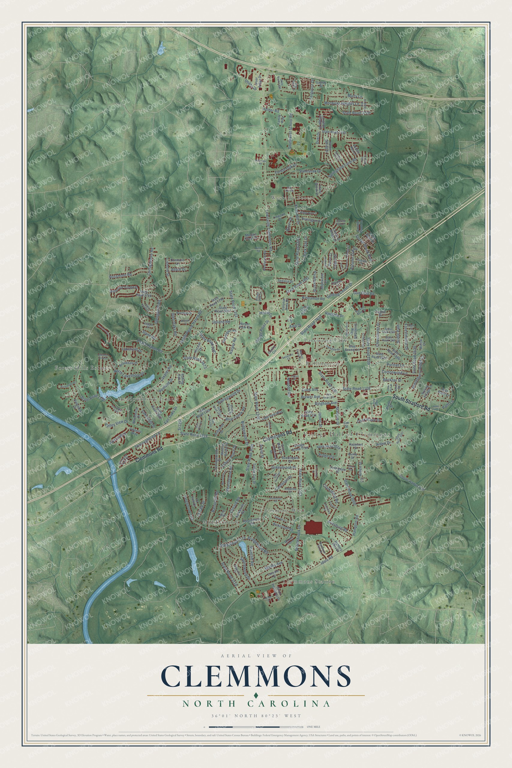Watermarked full-map preview of Clemmons, North Carolina