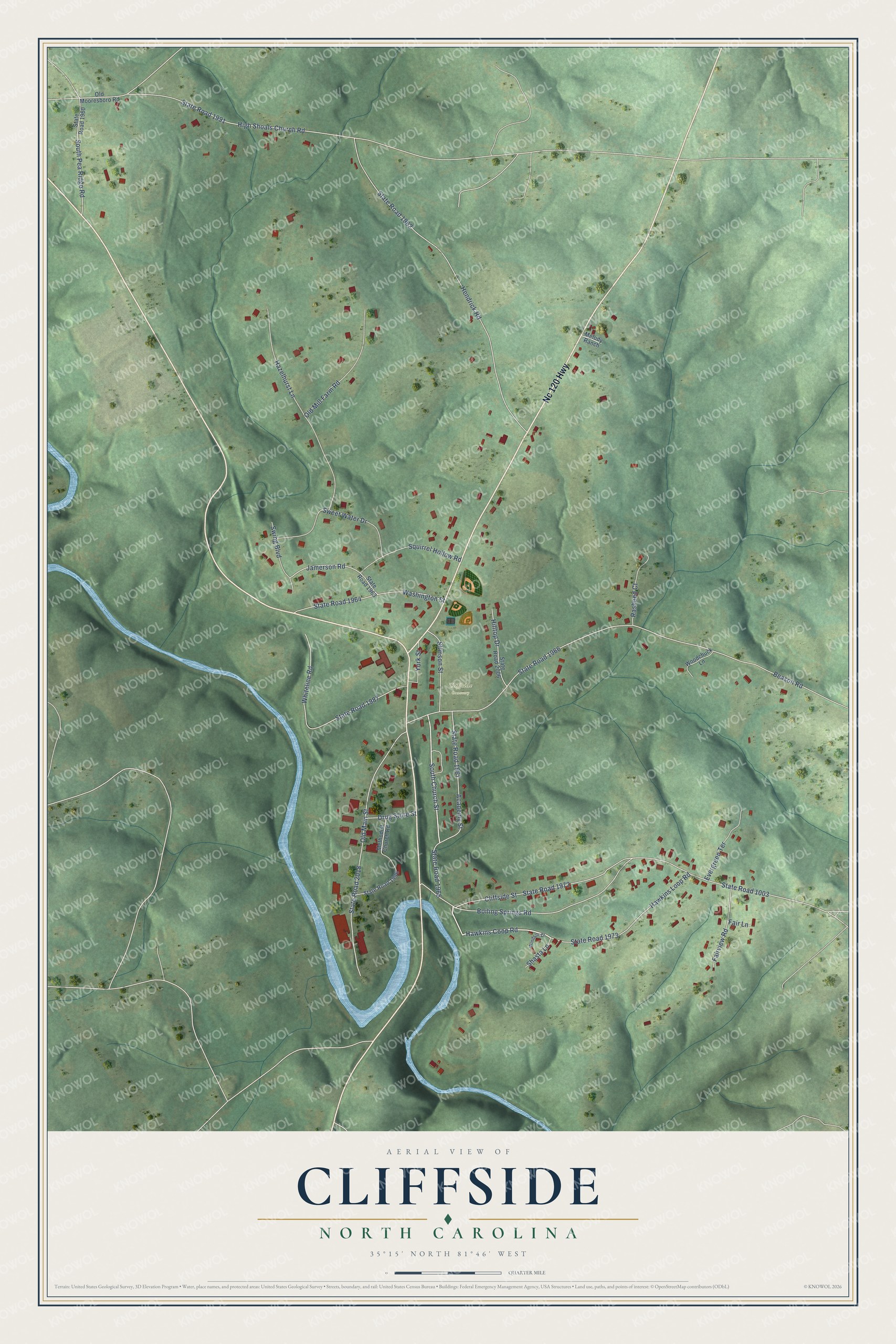 Full map of Cliffside, North Carolina, with red buildings, printed street names and the land around them