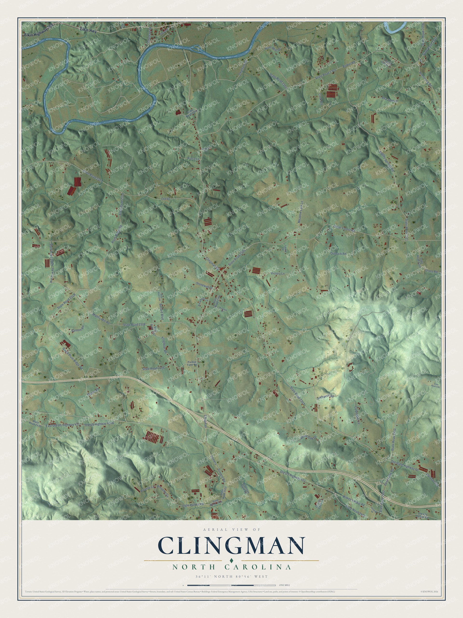 Full map of Clingman, North Carolina, with red buildings, printed street names and the land around them
